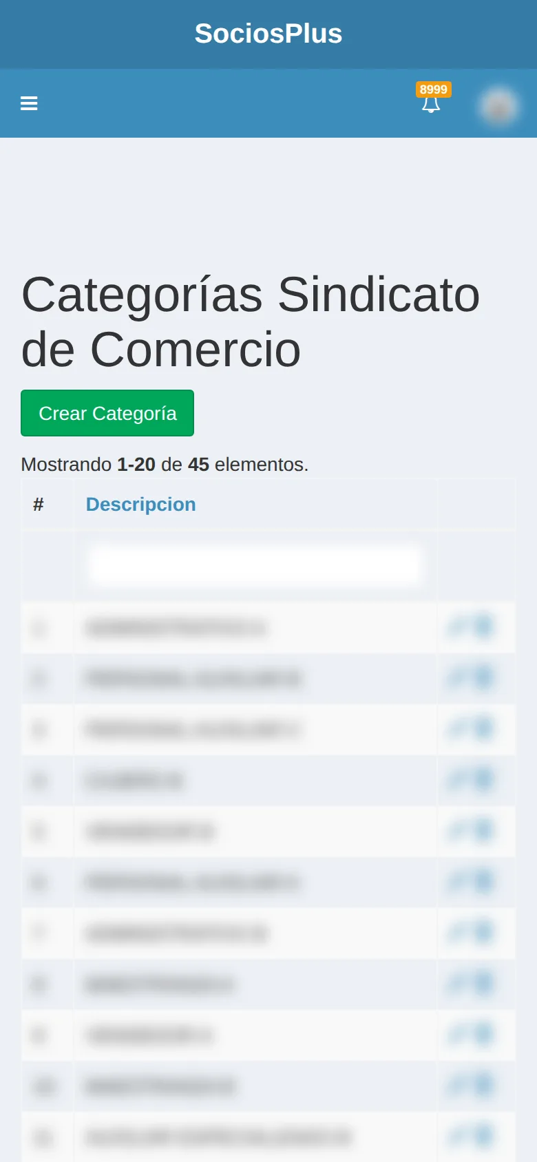 Pantalla de SociosPlus en el celular: Cómo administrar categorías de empleados
