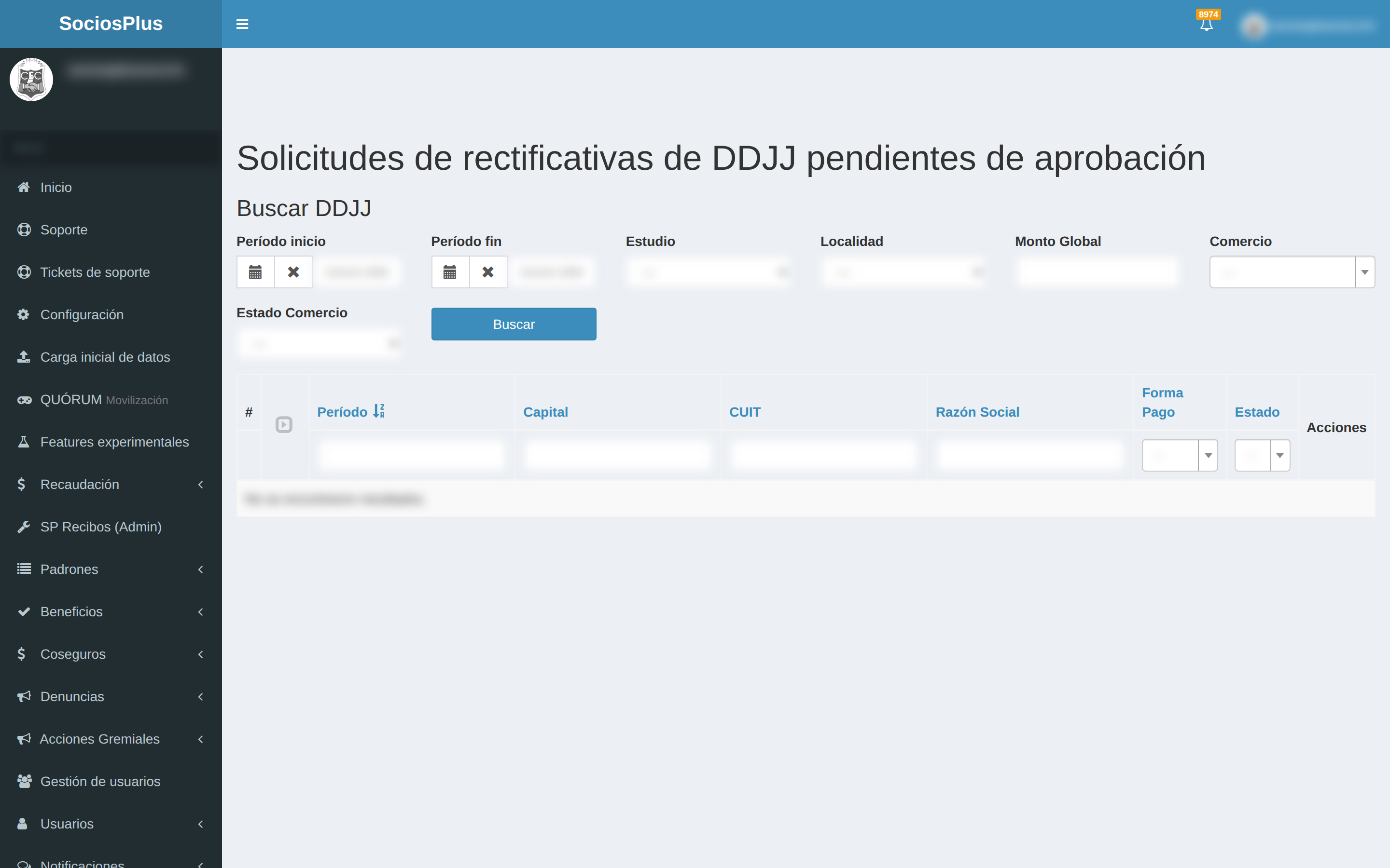 Pantalla de SociosPlus en escritorio: Cómo aprobar o rechazar una rectificativa de DDJJ — paso 1 de 2