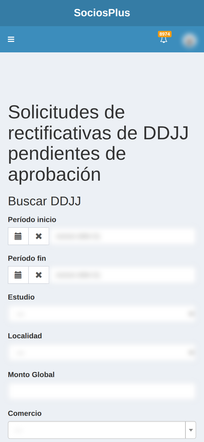 Pantalla de SociosPlus en el celular: Cómo aprobar o rechazar una rectificativa de DDJJ — paso 1 de 2