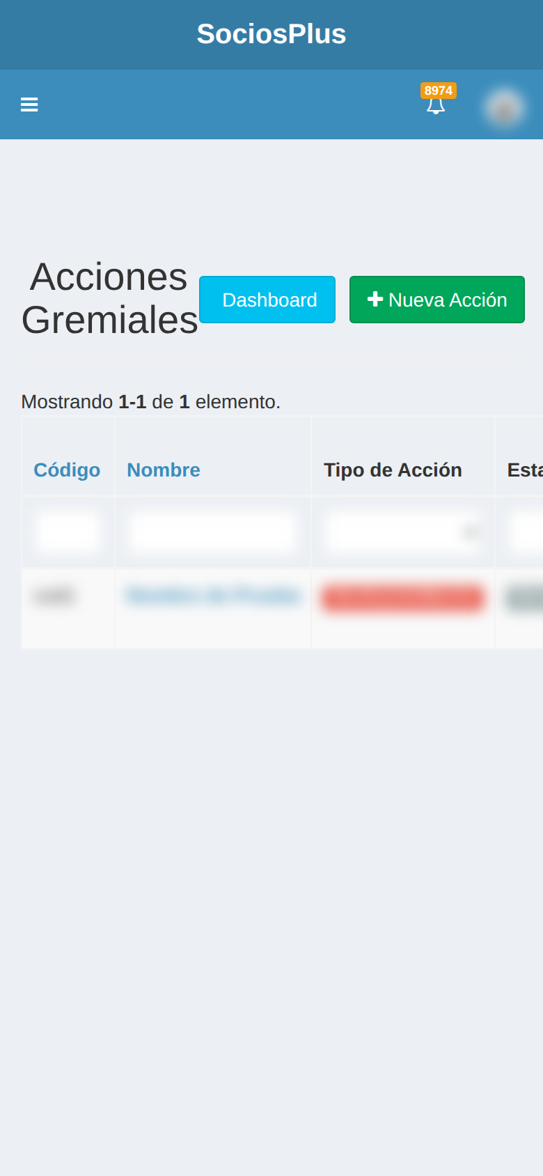 Pantalla de SociosPlus en el celular: Cómo cambiar estado de una acción gremial
