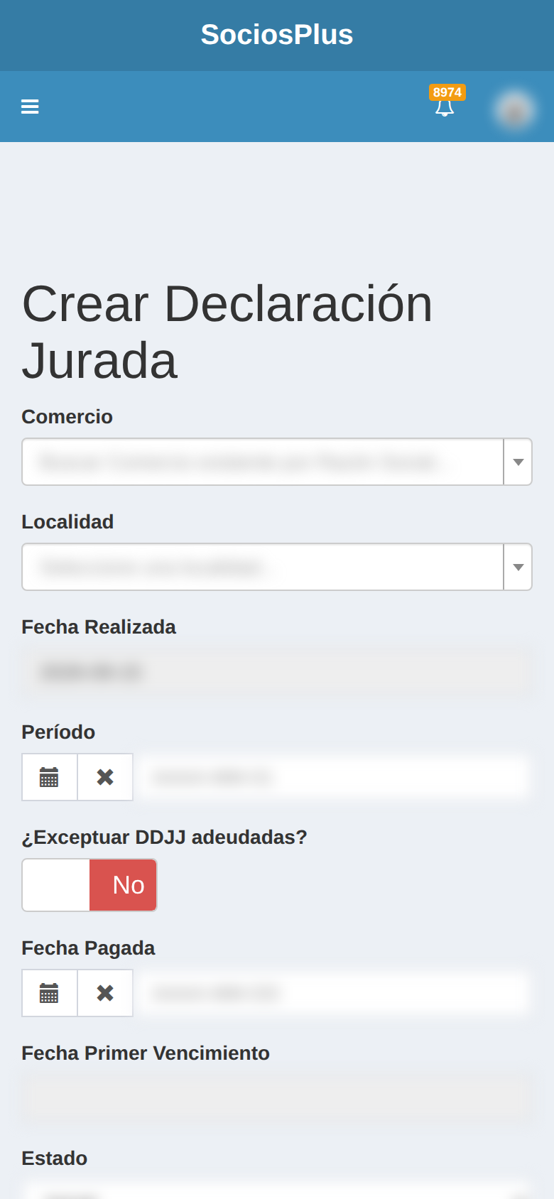Pantalla de SociosPlus en el celular: Cómo generar una declaración jurada mensual de aportes — paso 1 de 2