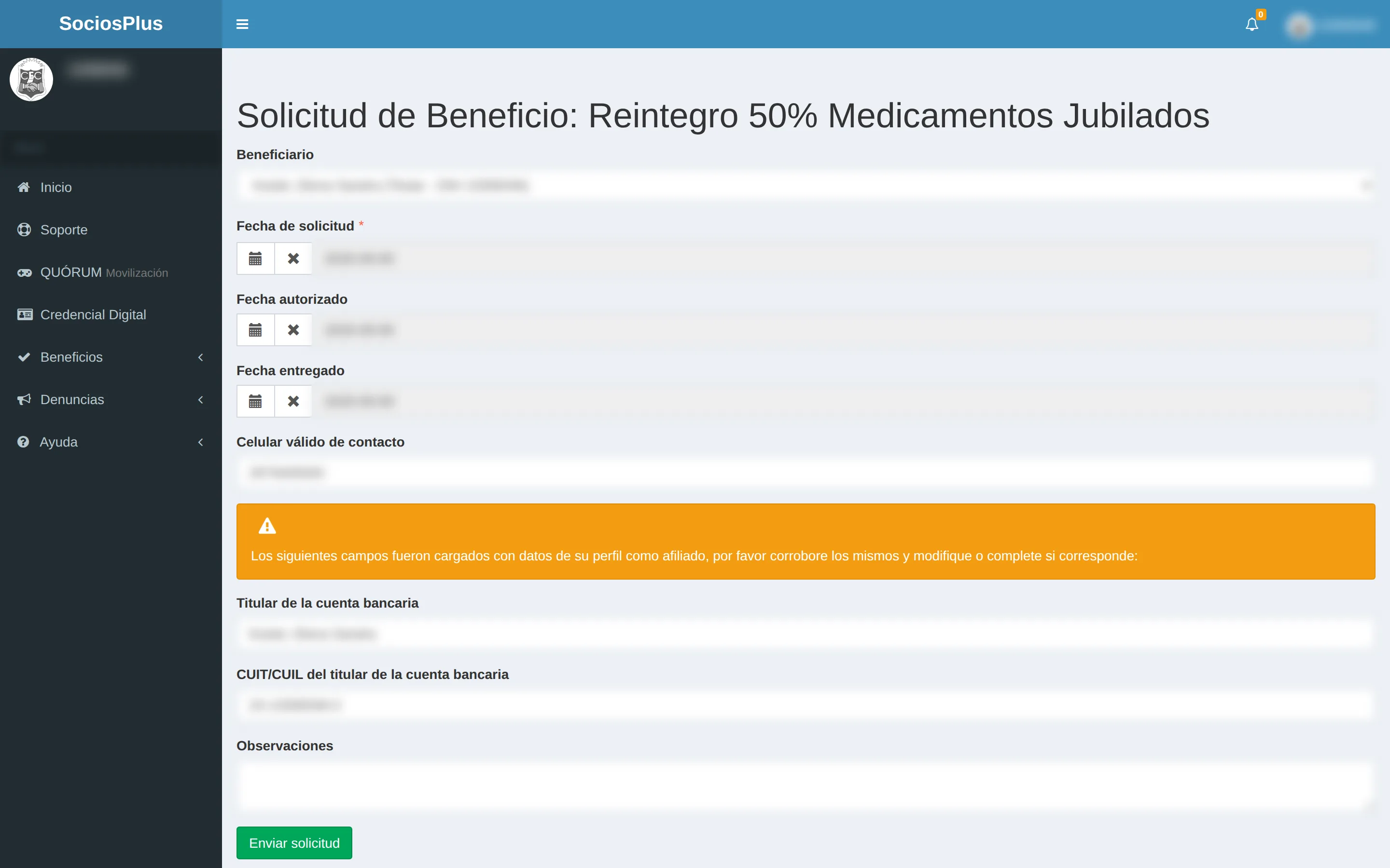 Pantalla de SociosPlus en escritorio: Cómo pedir un beneficio y hacer seguimiento