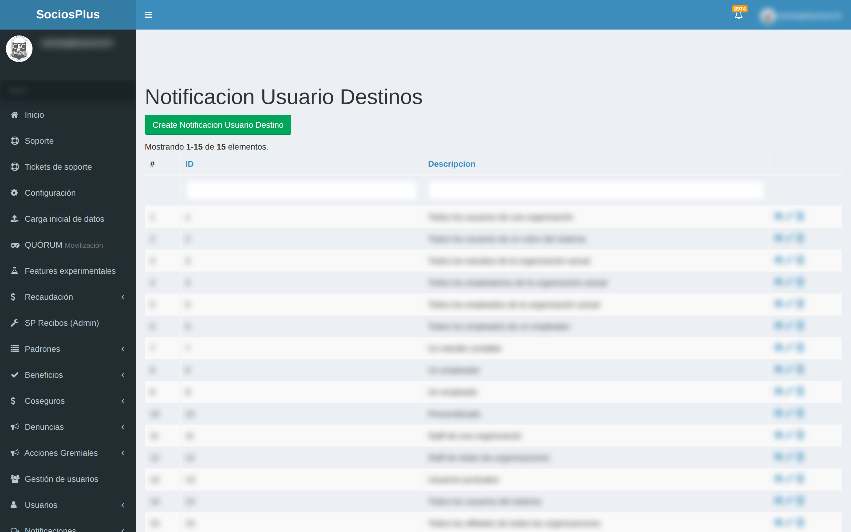Pantalla de SociosPlus en escritorio: Cómo configurar destinos de notificaciones — paso 1 de 2