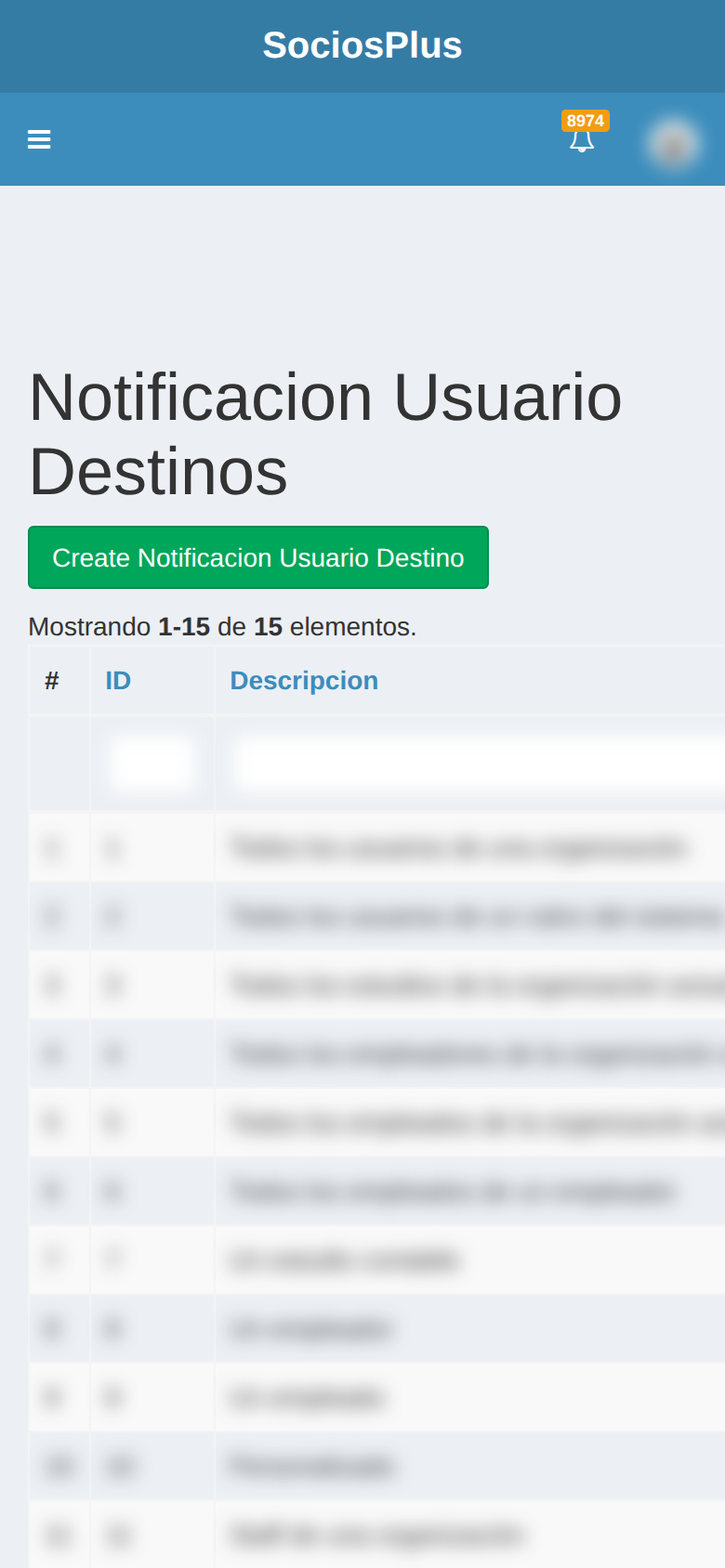 Pantalla de SociosPlus en el celular: Cómo configurar destinos de notificaciones — paso 1 de 2