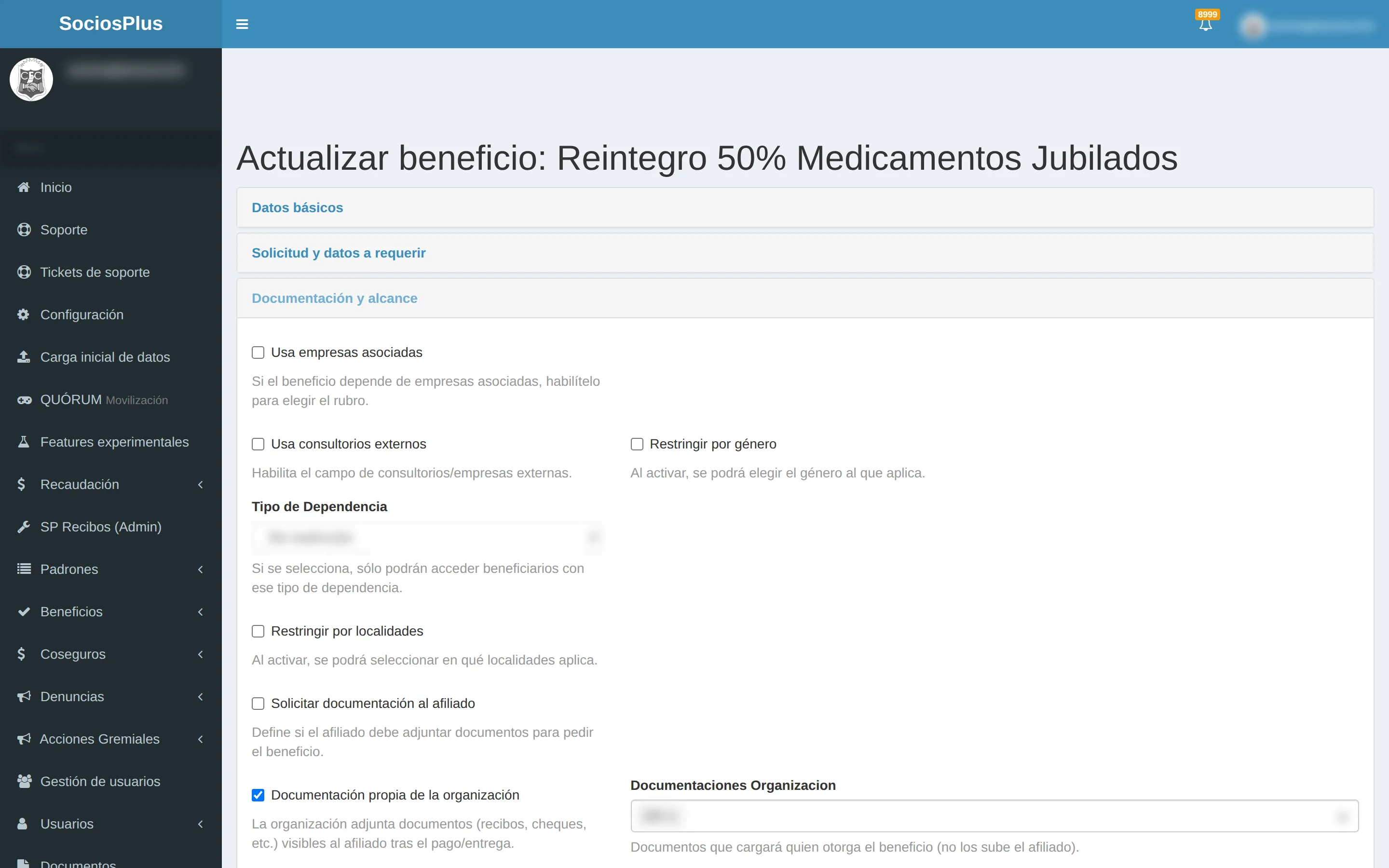 Pantalla de SociosPlus en escritorio: Cómo configurar documentación requerida para un beneficio