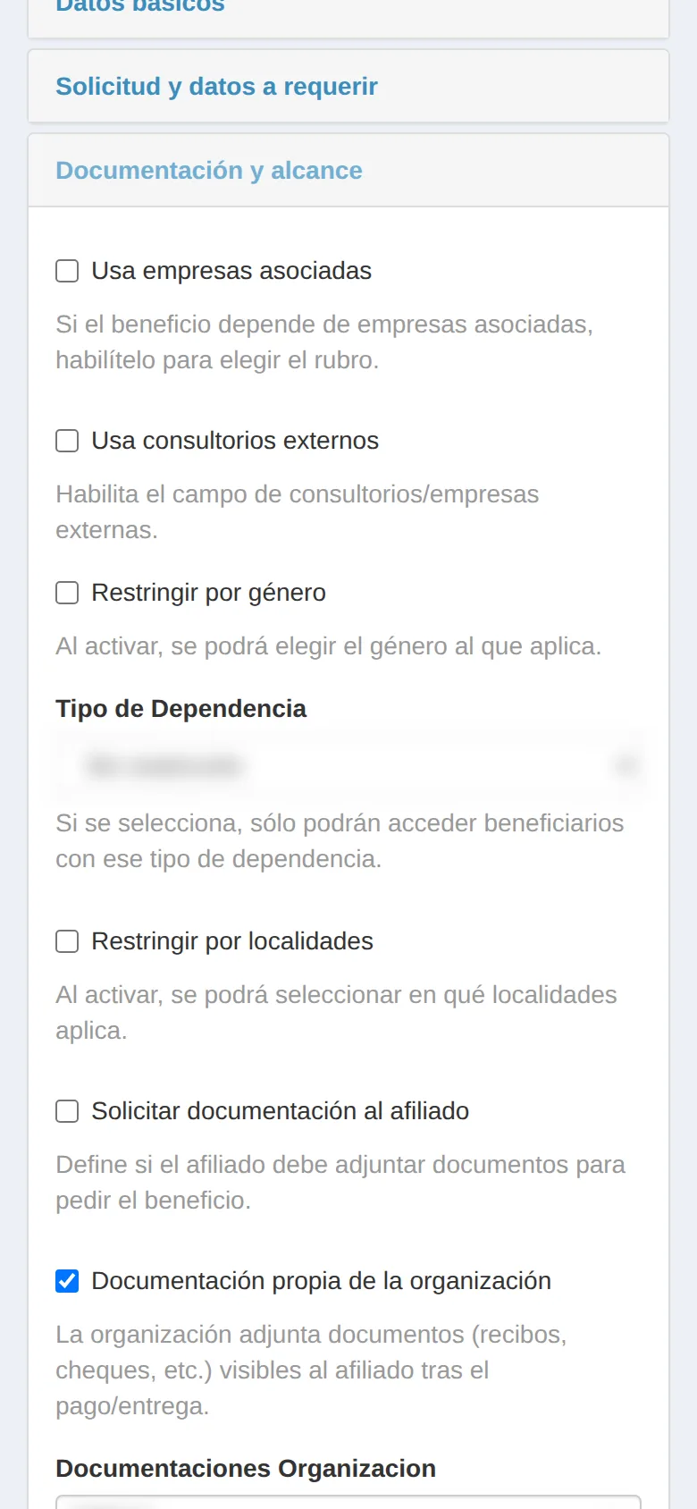Pantalla de SociosPlus en el celular: Cómo configurar documentación requerida para un beneficio