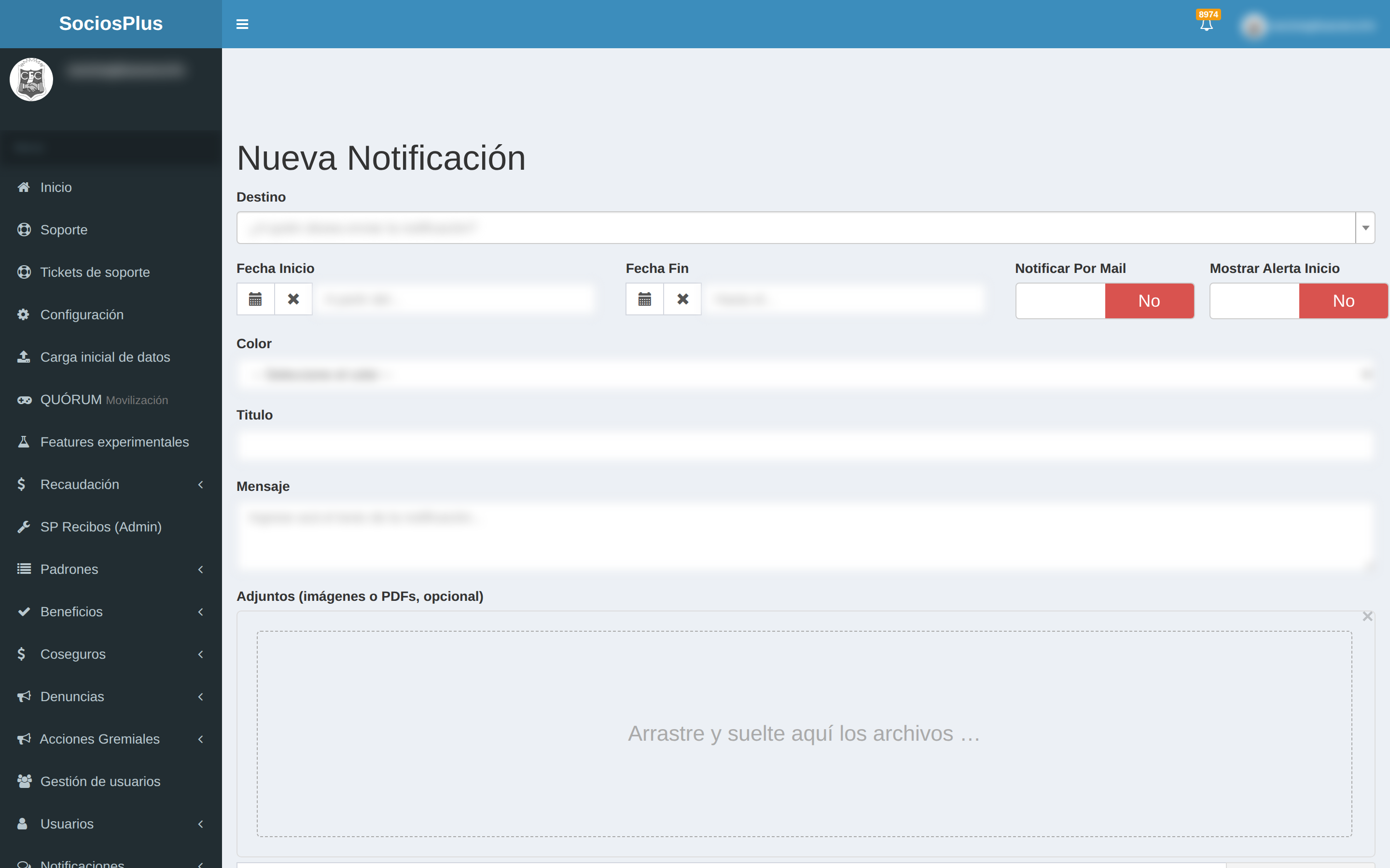 Pantalla de SociosPlus en escritorio: Cómo crear notificación de usuario — paso 1 de 2