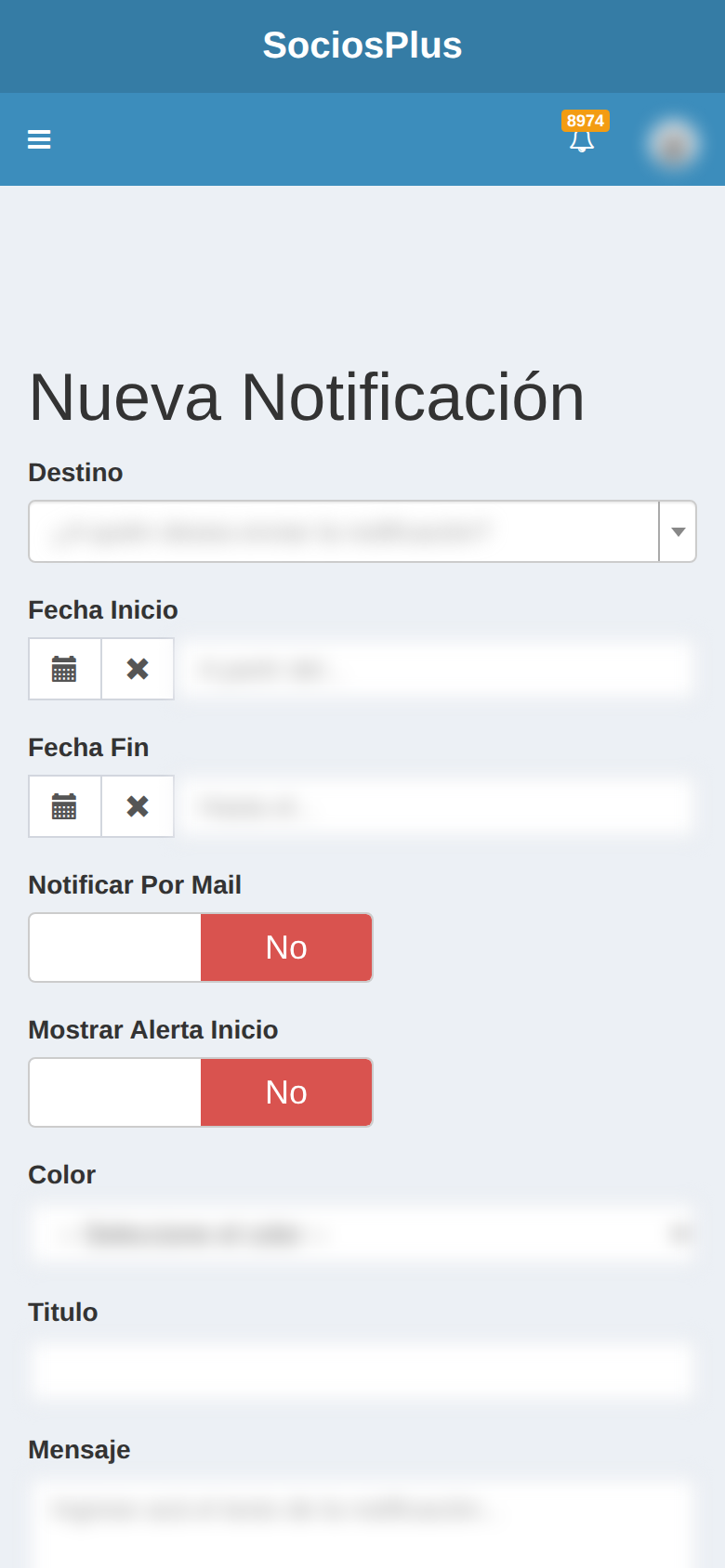 Pantalla de SociosPlus en el celular: Cómo crear notificación de usuario — paso 1 de 2