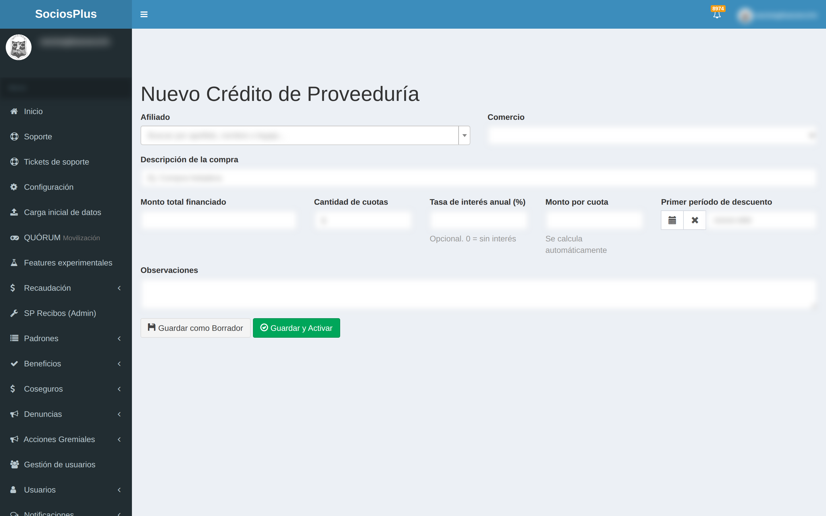 Pantalla de SociosPlus en escritorio: Cómo crear un crédito de proveeduría — paso 1 de 2