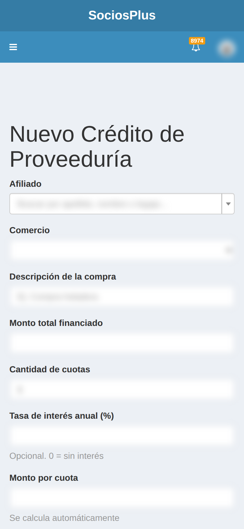 Pantalla de SociosPlus en el celular: Cómo crear un crédito de proveeduría — paso 1 de 2