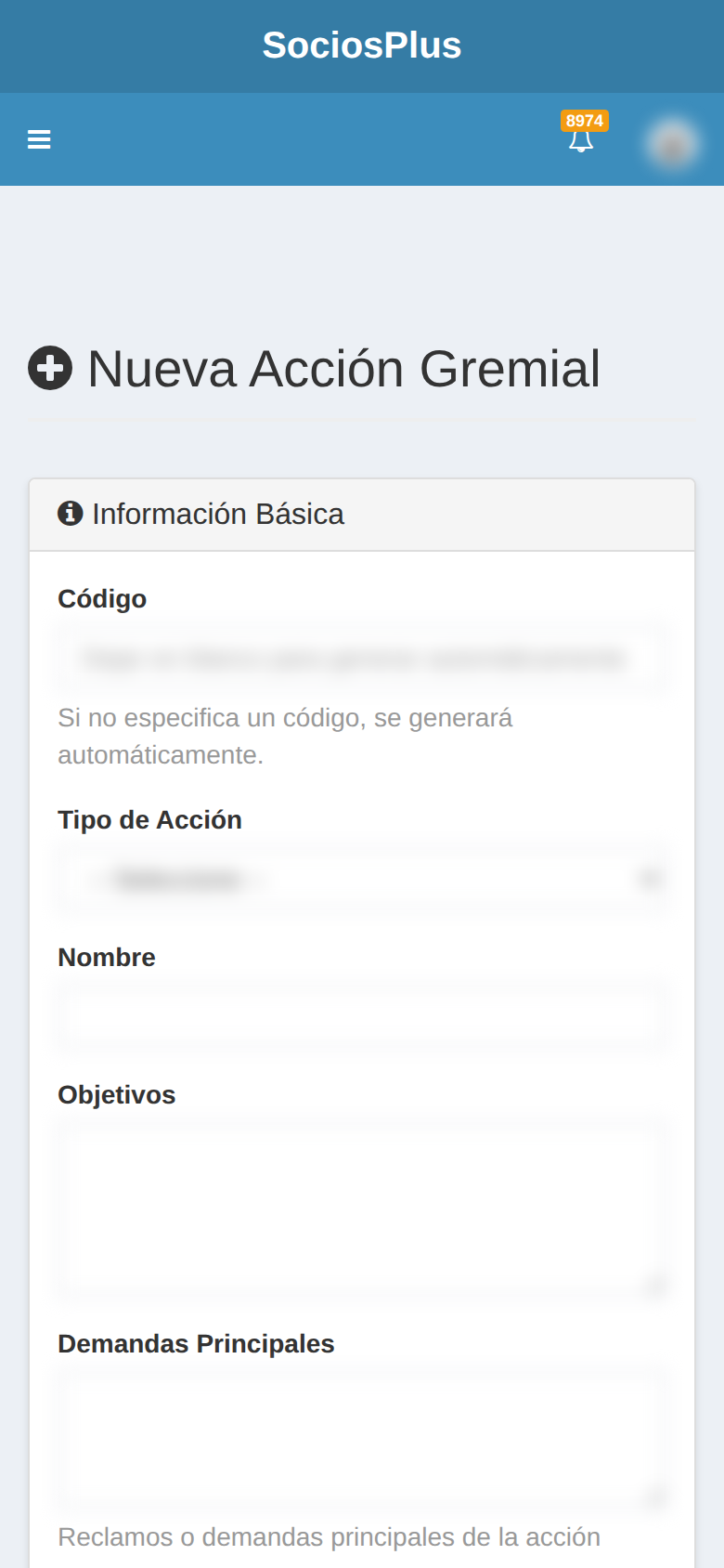 Pantalla de SociosPlus en el celular: Cómo crear una acción gremial — paso 1 de 2