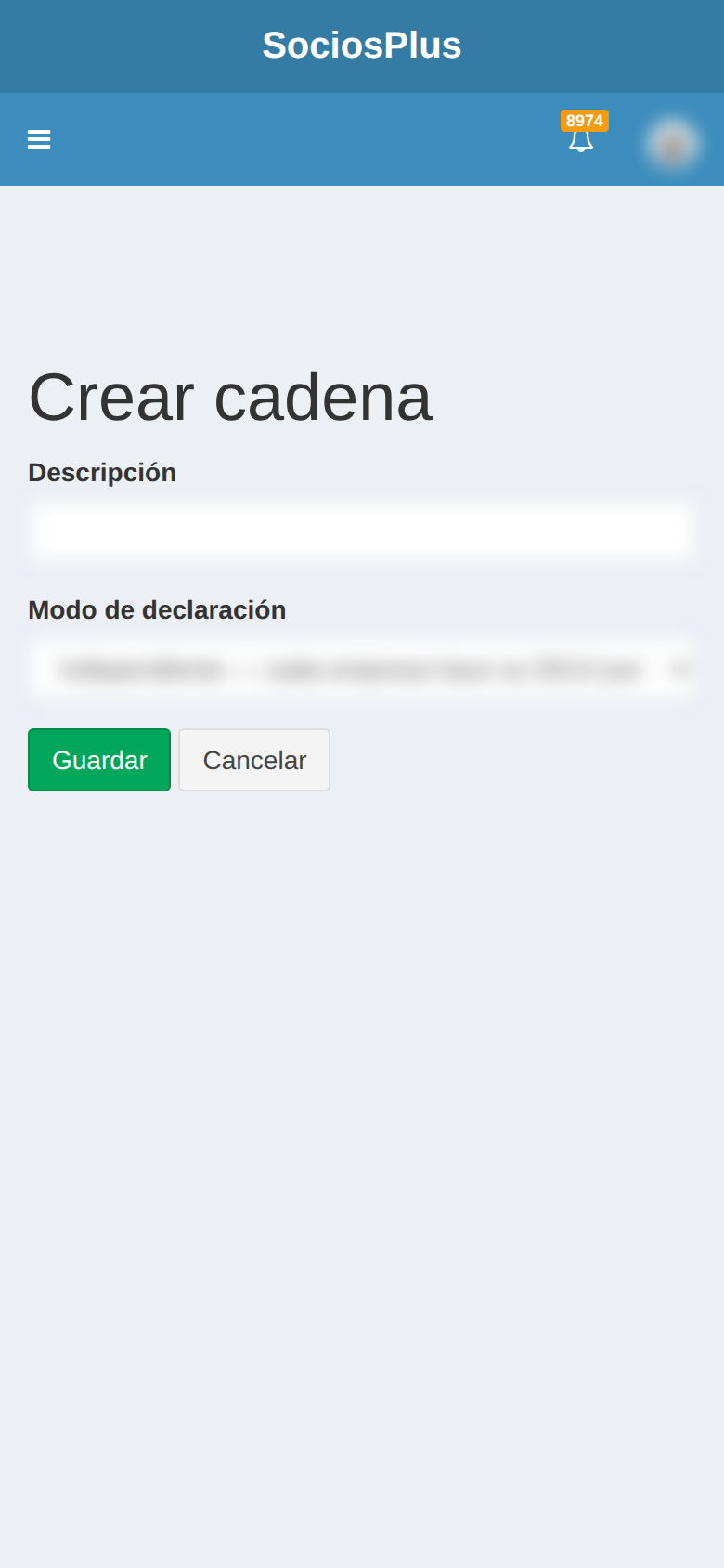 Pantalla de SociosPlus en el celular: Cómo crear una cadena — paso 1 de 2