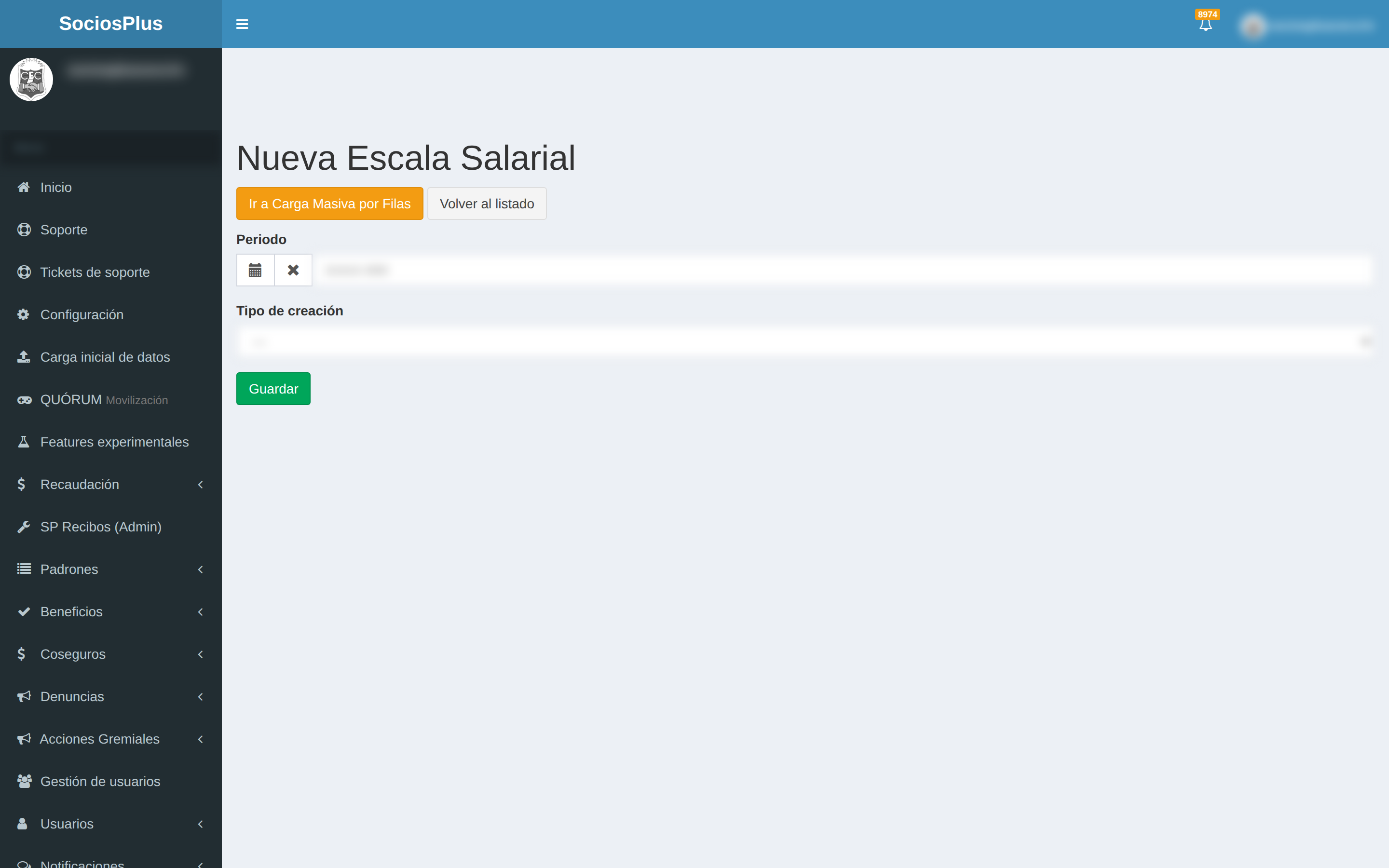 Pantalla de SociosPlus en escritorio: Cómo crear una escala salarial nueva — paso 1 de 2