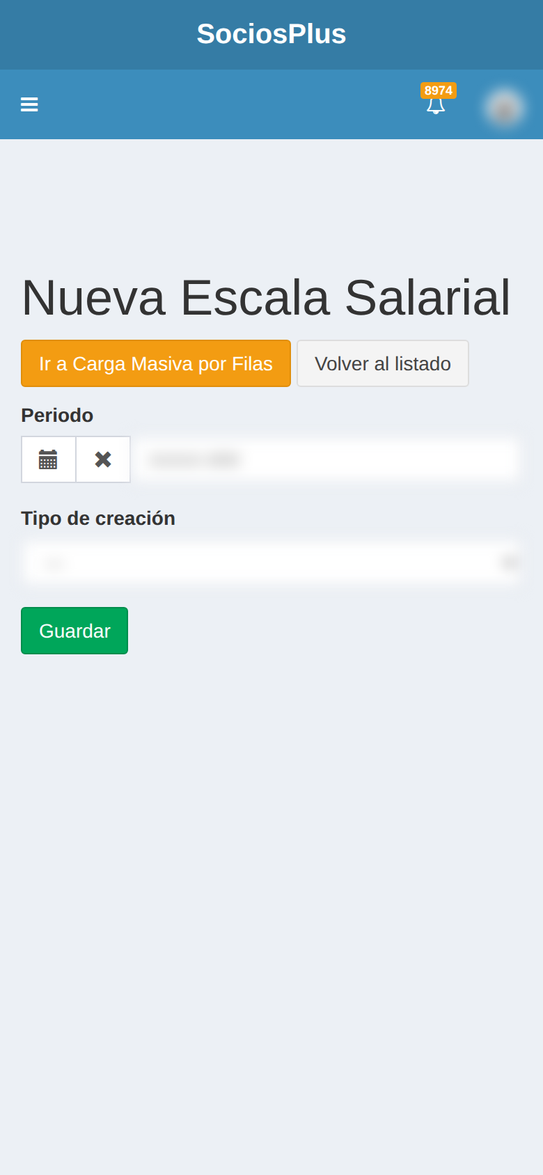 Pantalla de SociosPlus en el celular: Cómo crear una escala salarial nueva — paso 1 de 2