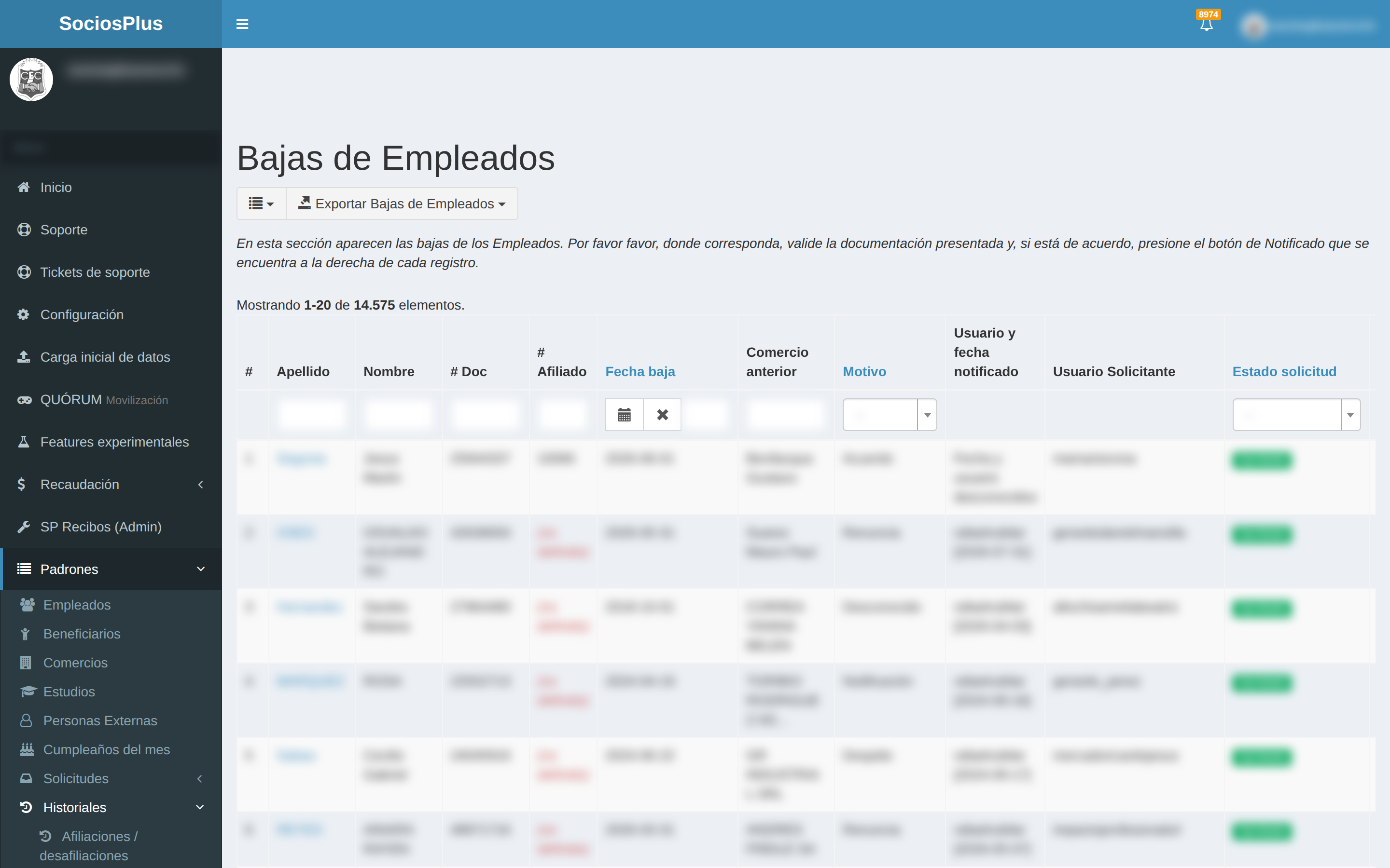 Pantalla de SociosPlus en escritorio: Cómo eliminar historial laboral — paso 1 de 2