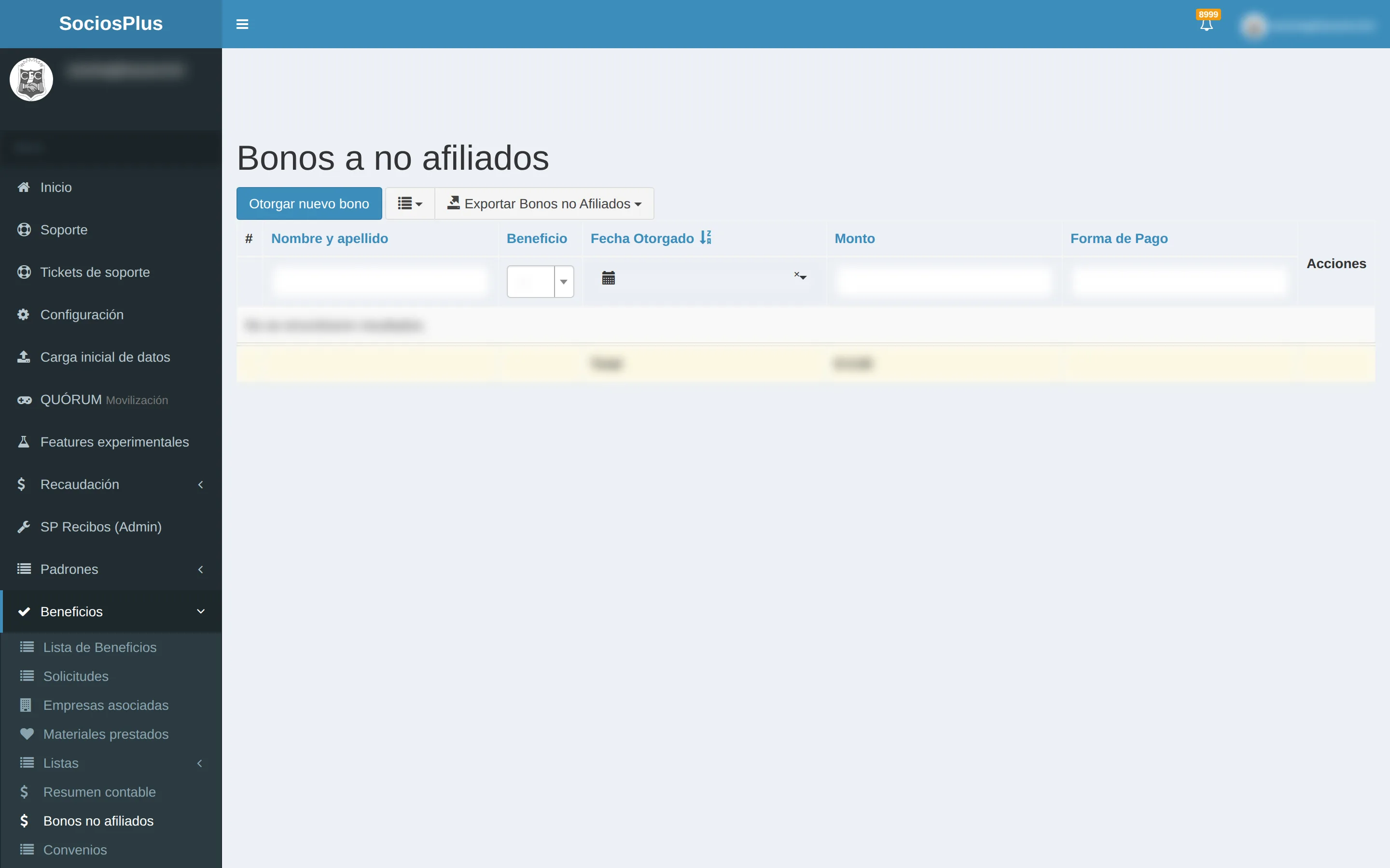 Pantalla de SociosPlus en escritorio: Emitir bonos de beneficios a no socios