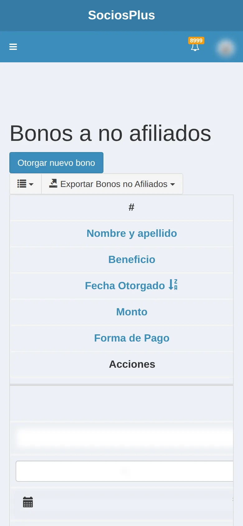 Pantalla de SociosPlus en el celular: Emitir bonos de beneficios a no socios