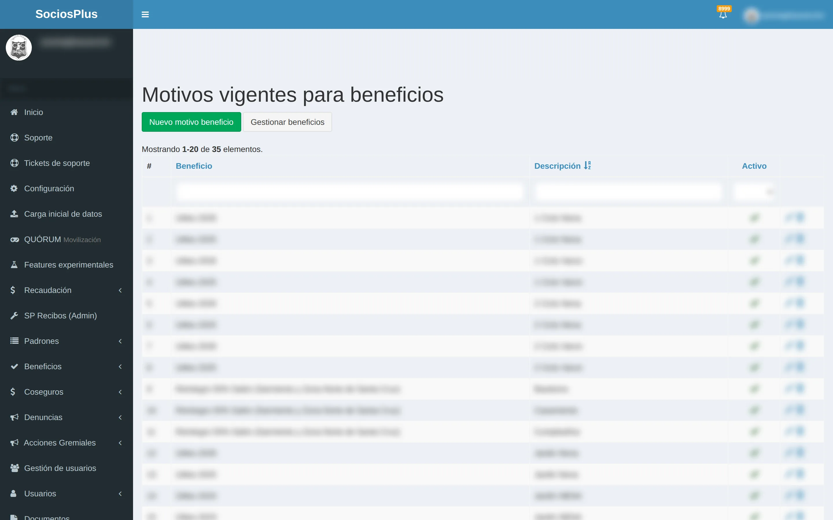 Pantalla de SociosPlus en escritorio: Cómo gestionar el catálogo de motivos de beneficios