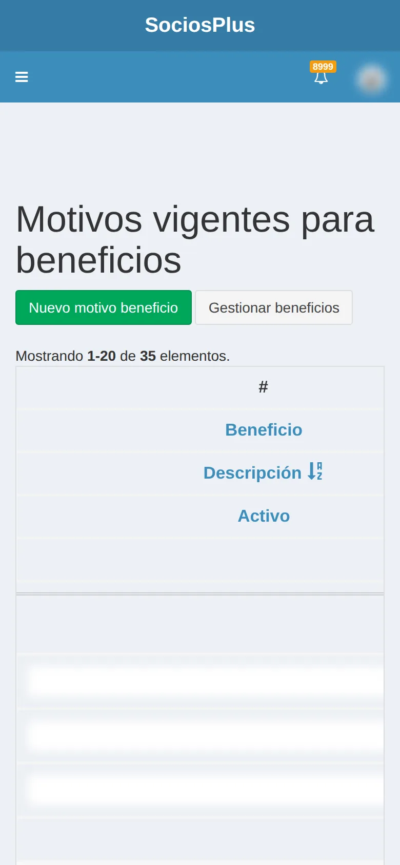 Pantalla de SociosPlus en el celular: Cómo gestionar el catálogo de motivos de beneficios