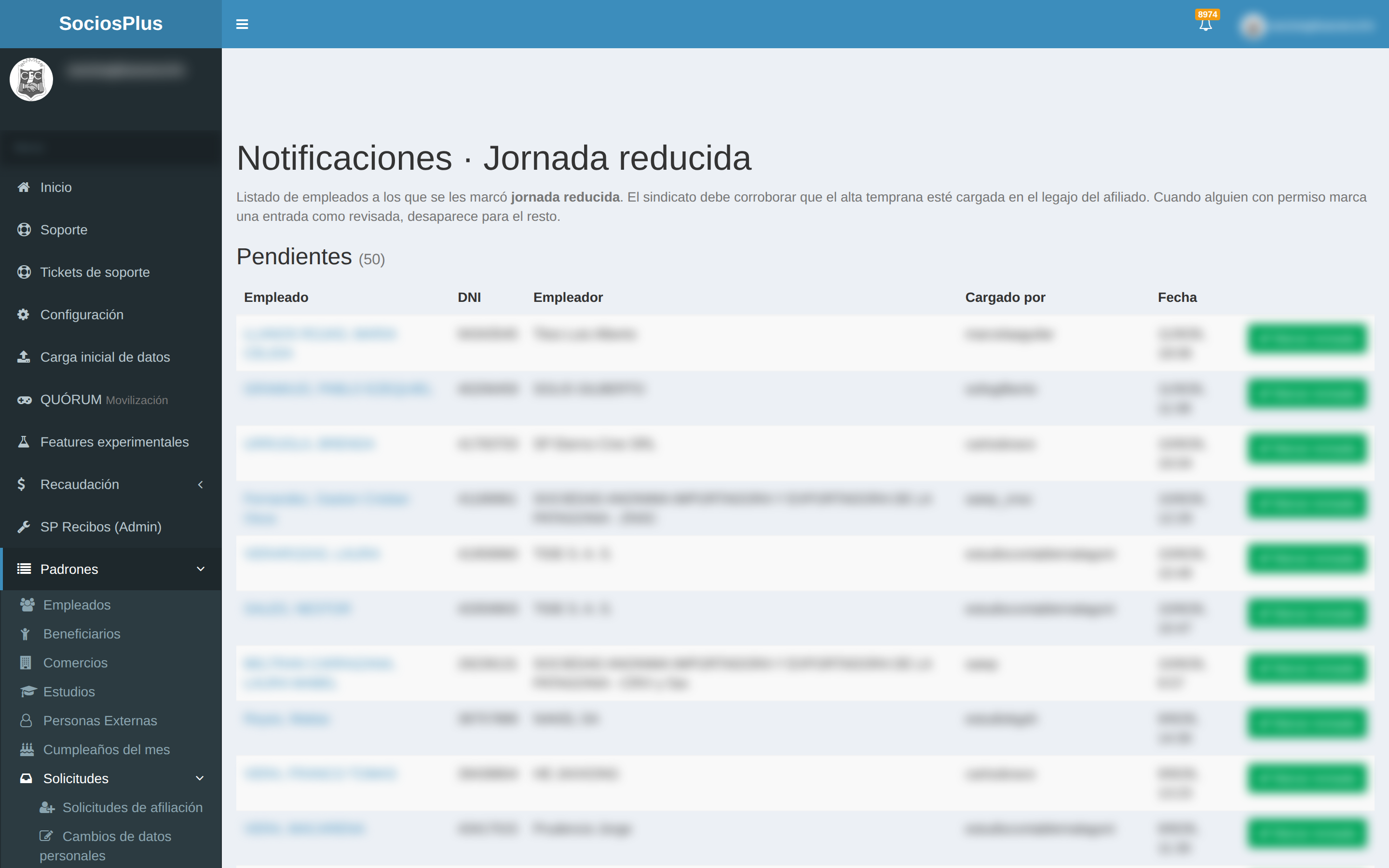 Pantalla de SociosPlus en escritorio: Cómo gestionar notificaciones de jornada reducida
