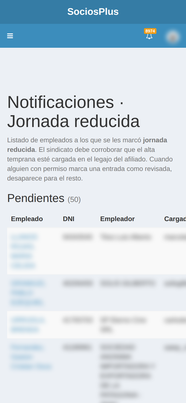 Pantalla de SociosPlus en el celular: Cómo gestionar notificaciones de jornada reducida