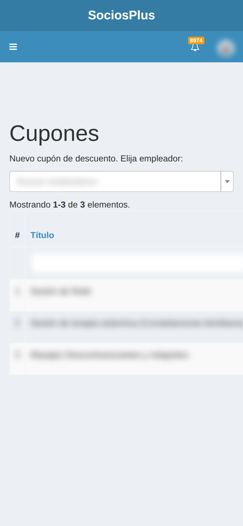 Pantalla de SociosPlus en el celular: Cómo listar todos los cupones — paso 1 de 2