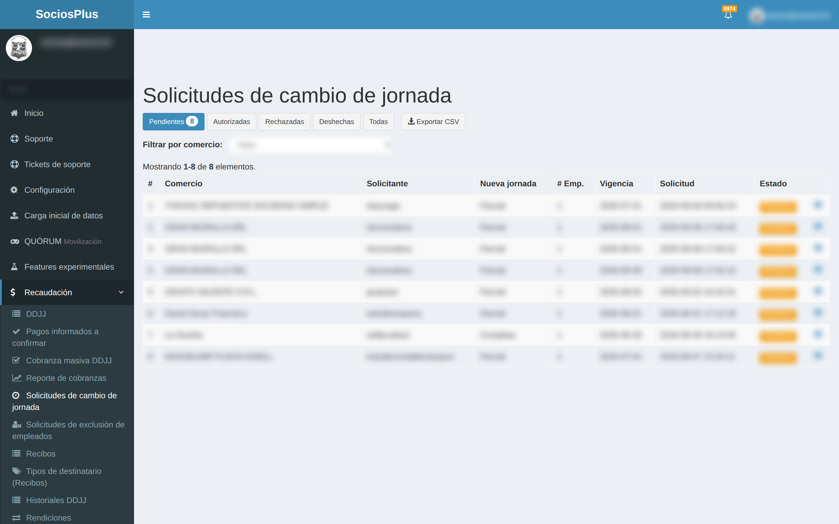 Pantalla de SociosPlus en escritorio: Cómo solicitar y autorizar cambios de jornada — paso 1 de 2