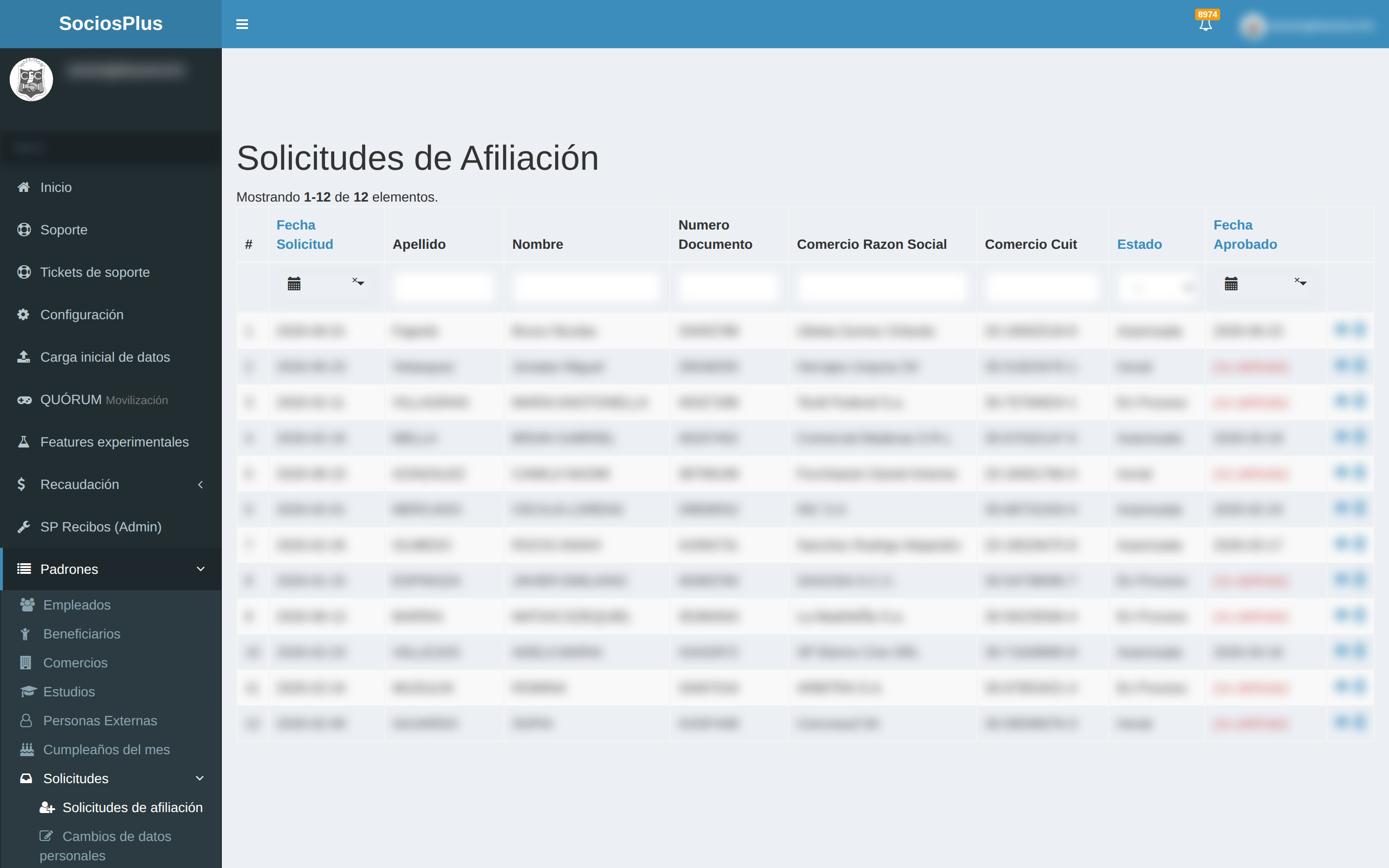 Pantalla de SociosPlus en escritorio: Solicitudes de afiliación: flujo del empleado y del staff — paso 1 de 2