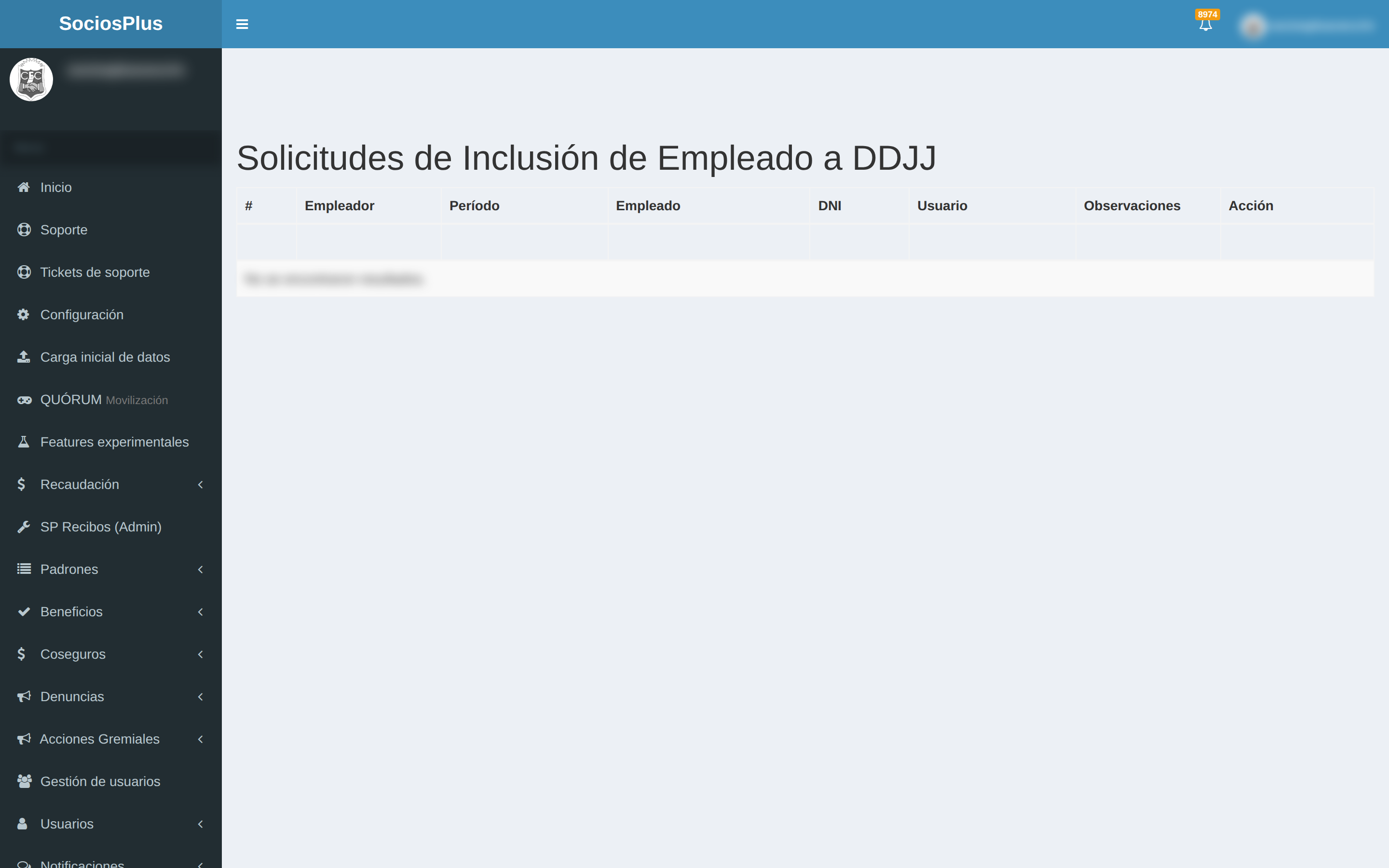 Pantalla de SociosPlus en escritorio: Solicitudes de inclusión y exclusión de empleados en DDJJ — paso 1 de 2