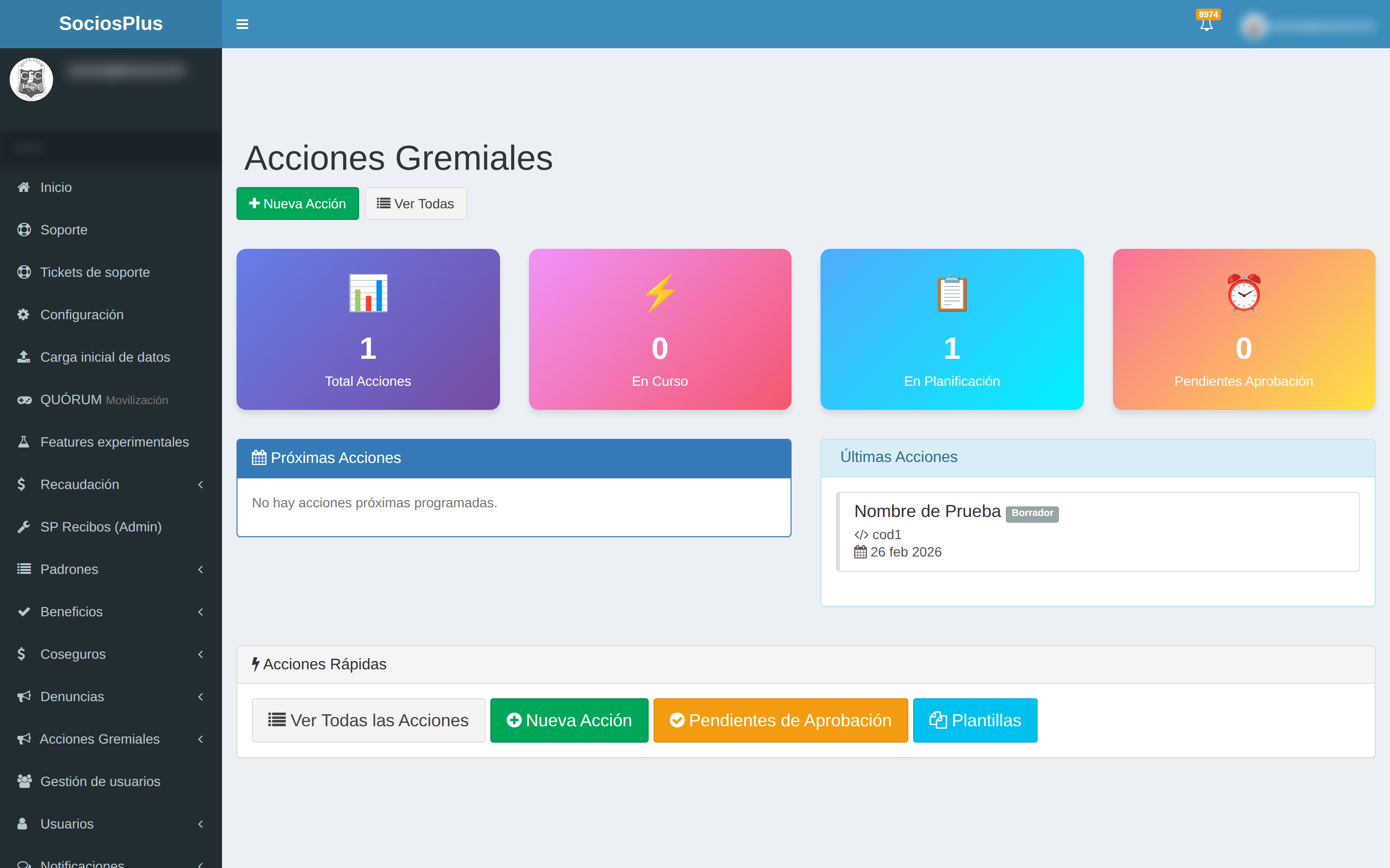 Pantalla de SociosPlus en escritorio: Cómo ver dashboard de acción gremial — paso 1 de 2