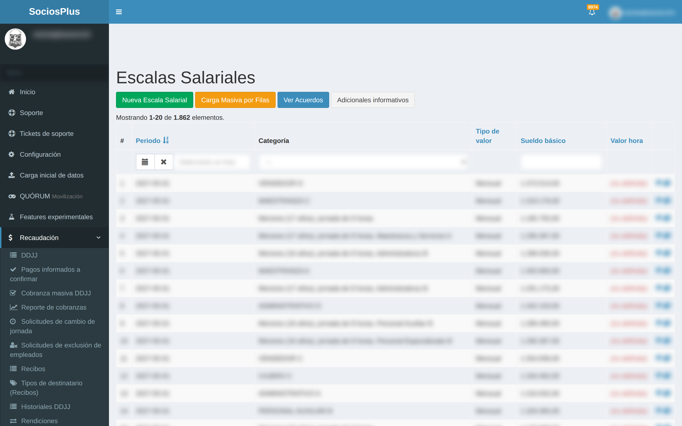 Pantalla de SociosPlus en escritorio: Cómo ver escalas salariales — paso 1 de 2