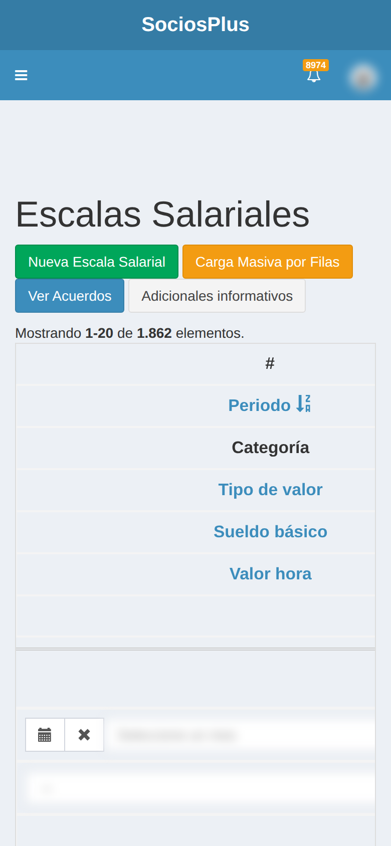 Pantalla de SociosPlus en el celular: Cómo ver escalas salariales — paso 1 de 2