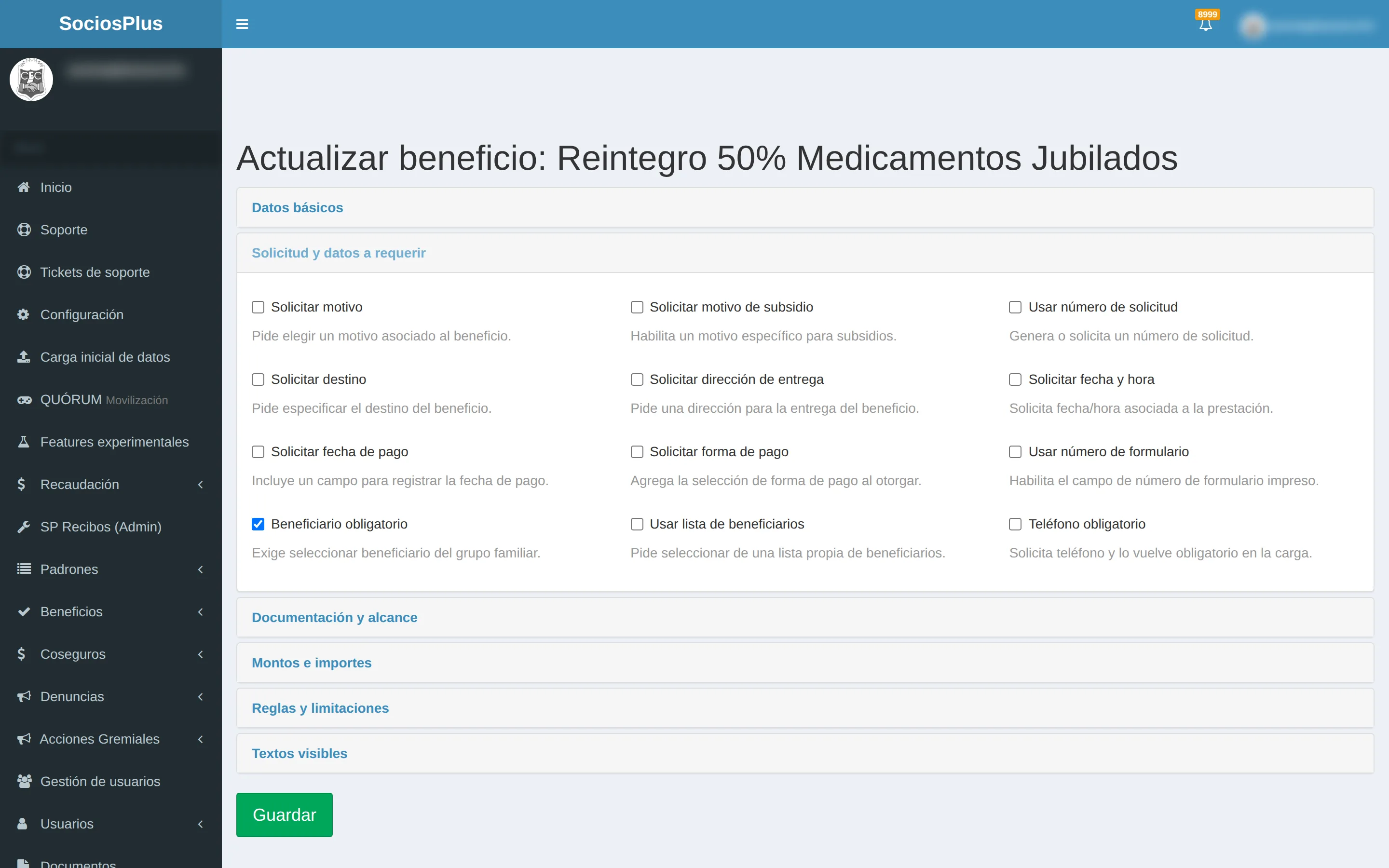 Pantalla de SociosPlus en escritorio: Usar lista propia de familiares a cargo en un beneficio