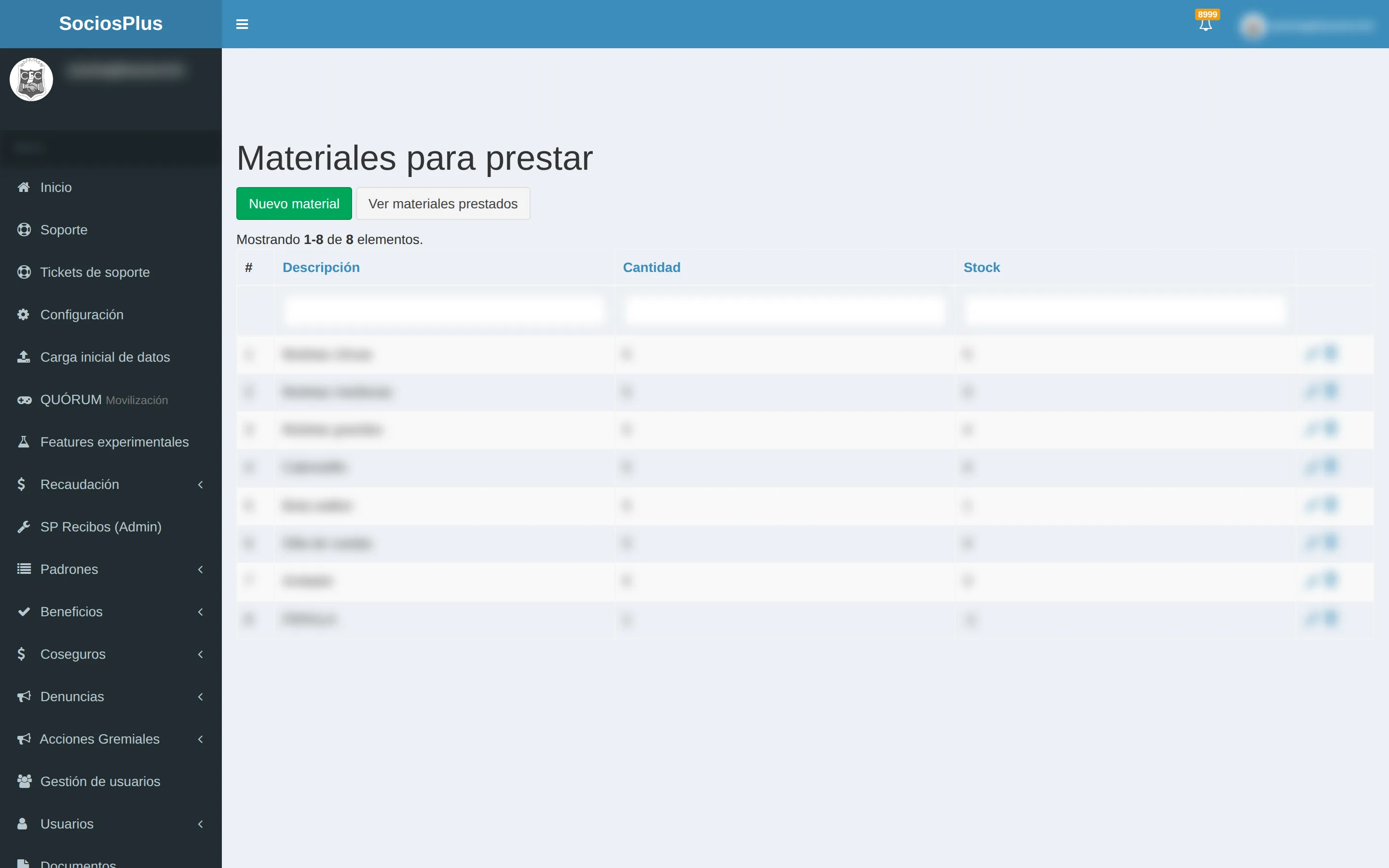 Pantalla de SociosPlus en escritorio: Cómo gestionar el catálogo de materiales ortopédicos prestables