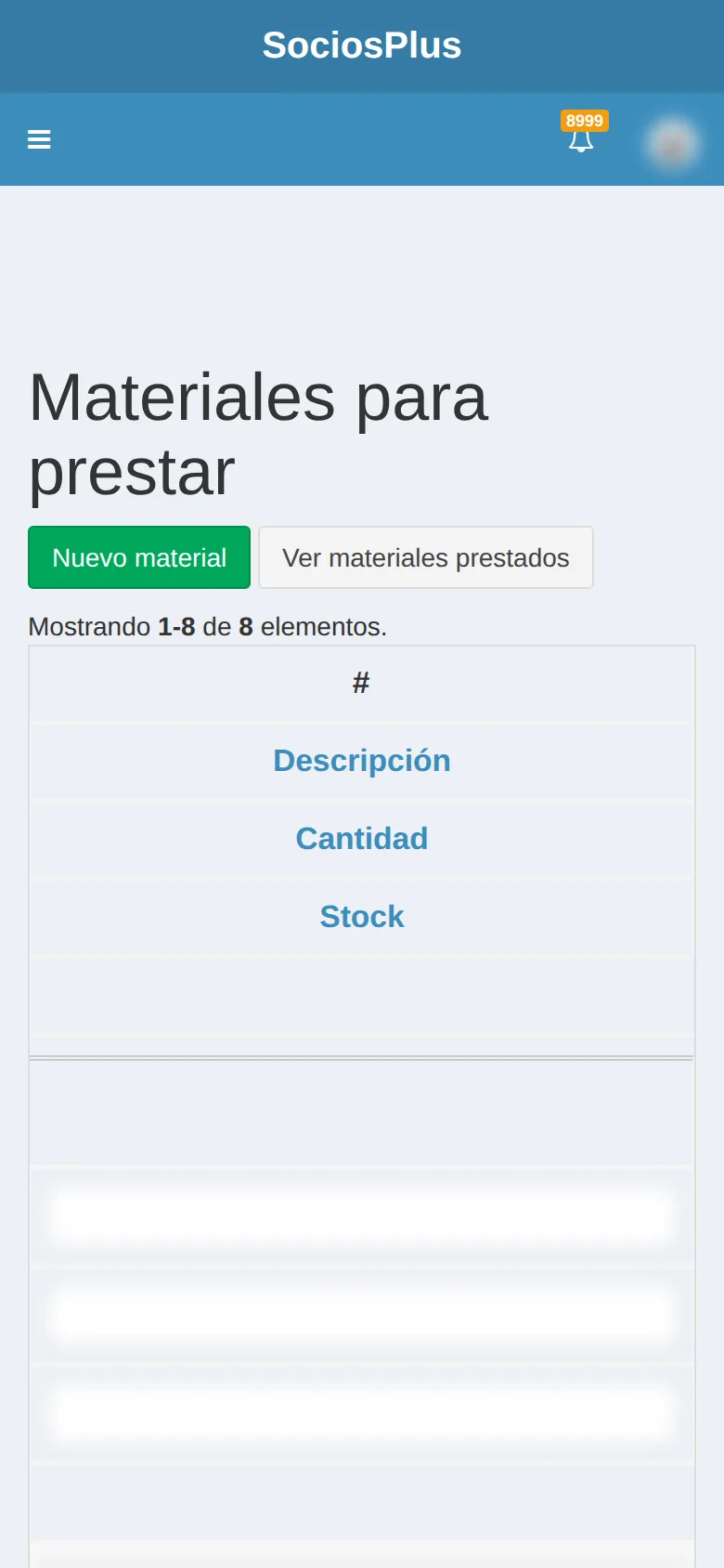 Pantalla de SociosPlus en el celular: Cómo gestionar el catálogo de materiales ortopédicos prestables