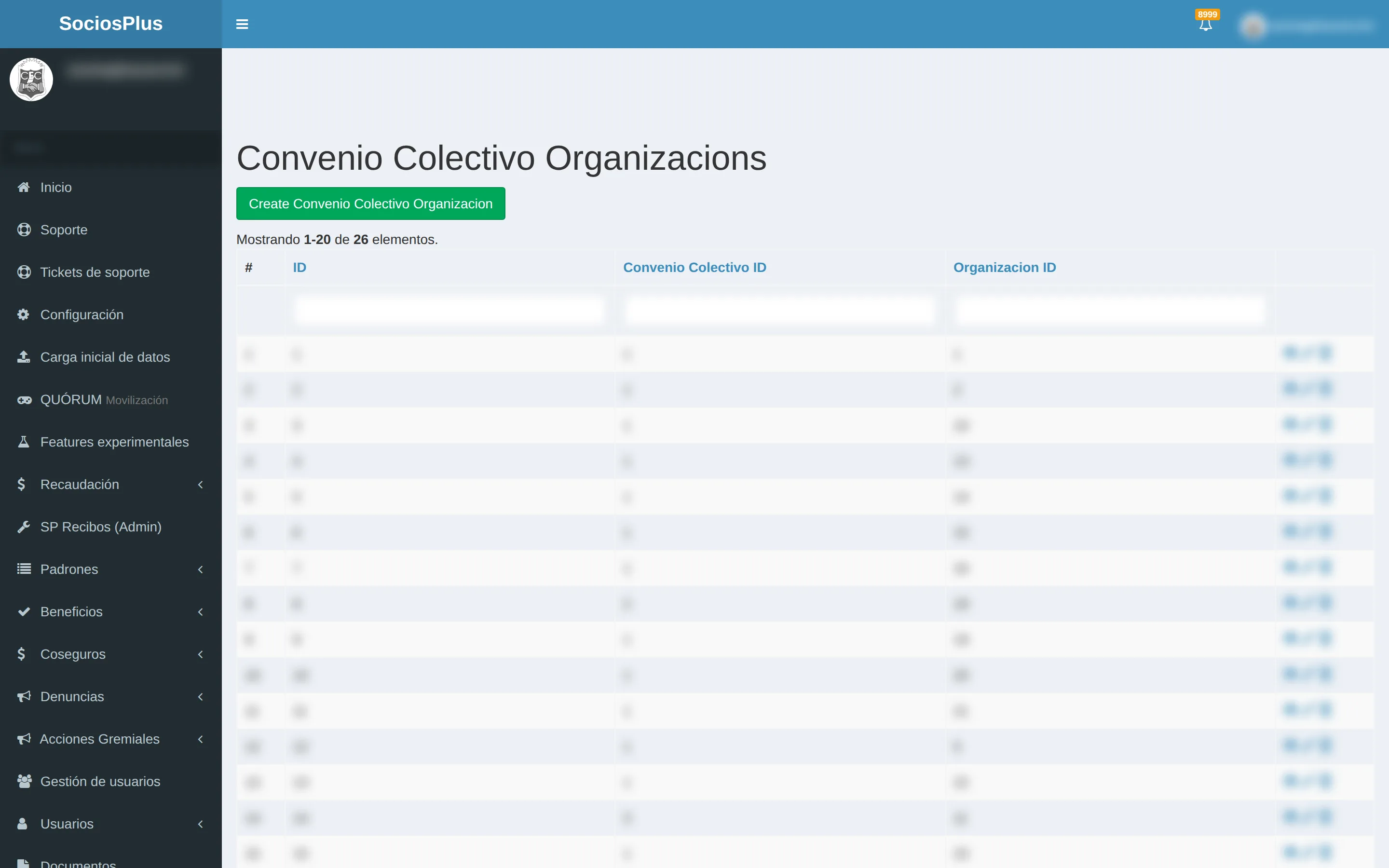 Pantalla de SociosPlus en escritorio: Cómo vincular convenio colectivo de trabajo (CCT) a organización