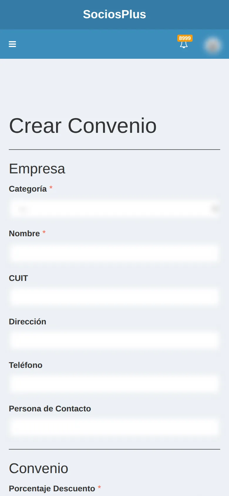 Pantalla de SociosPlus en el celular: Alta de convenio comercial