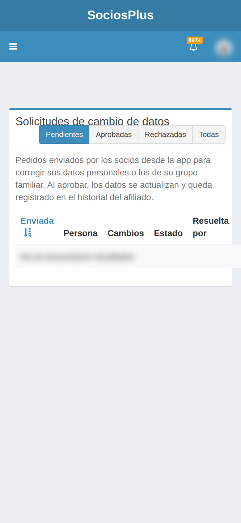 Pantalla de SociosPlus en el celular: Cómo aprobar o rechazar solicitudes de cambio de datos personales — paso 1 de 2