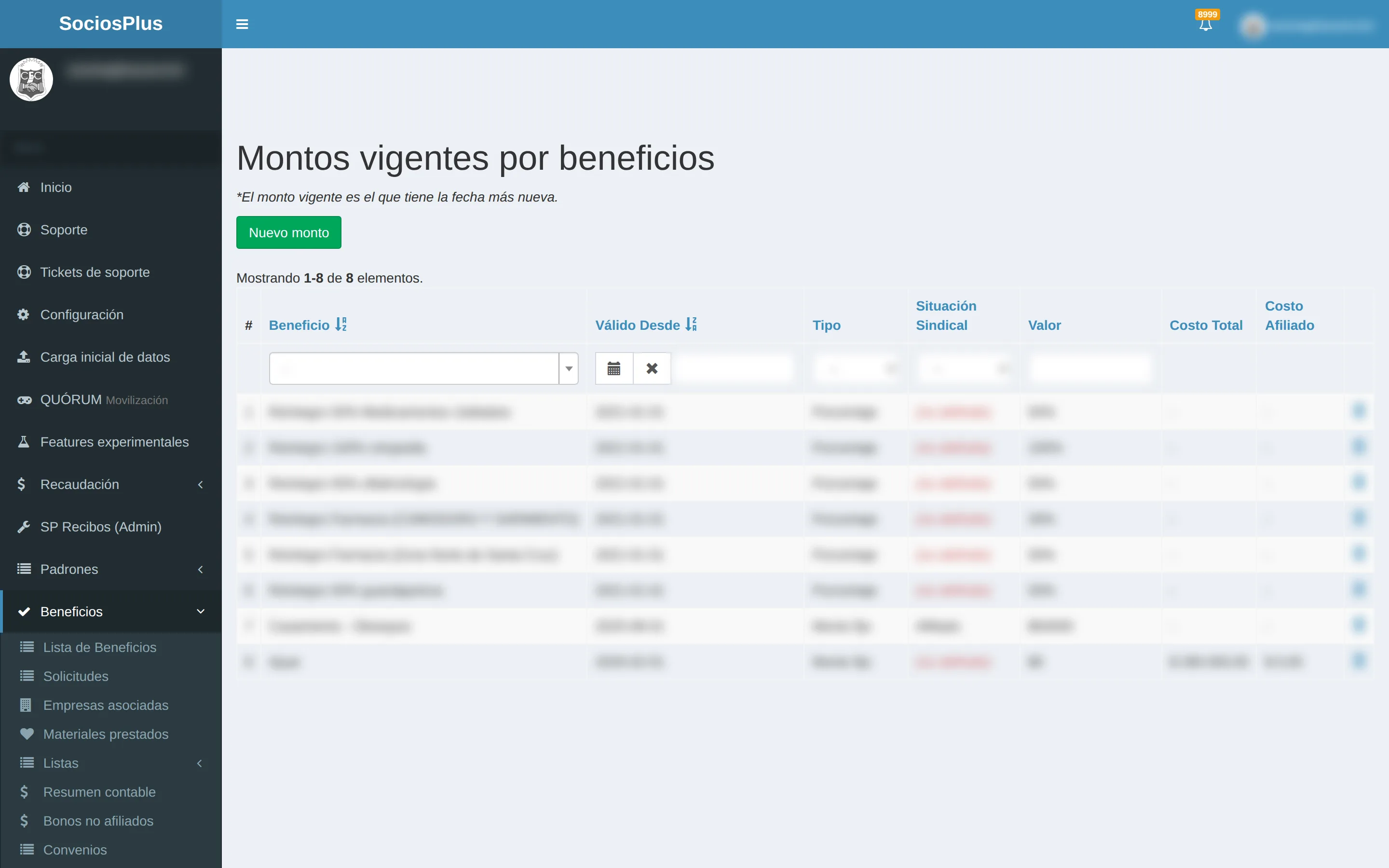 Pantalla de SociosPlus en escritorio: Cómo configurar montos (precios) de un beneficio