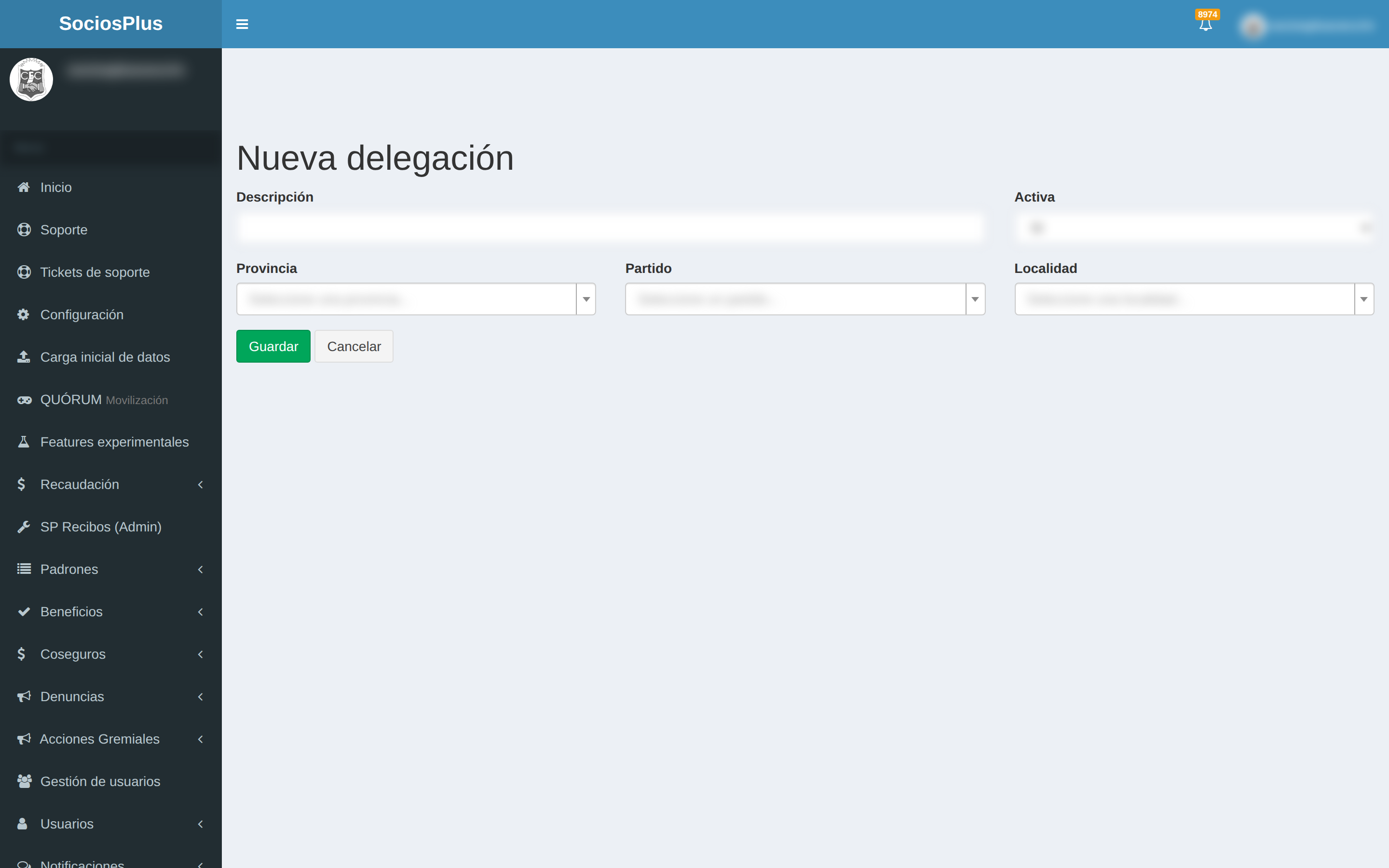 Pantalla de SociosPlus en escritorio: Cómo crear delegación — paso 1 de 2