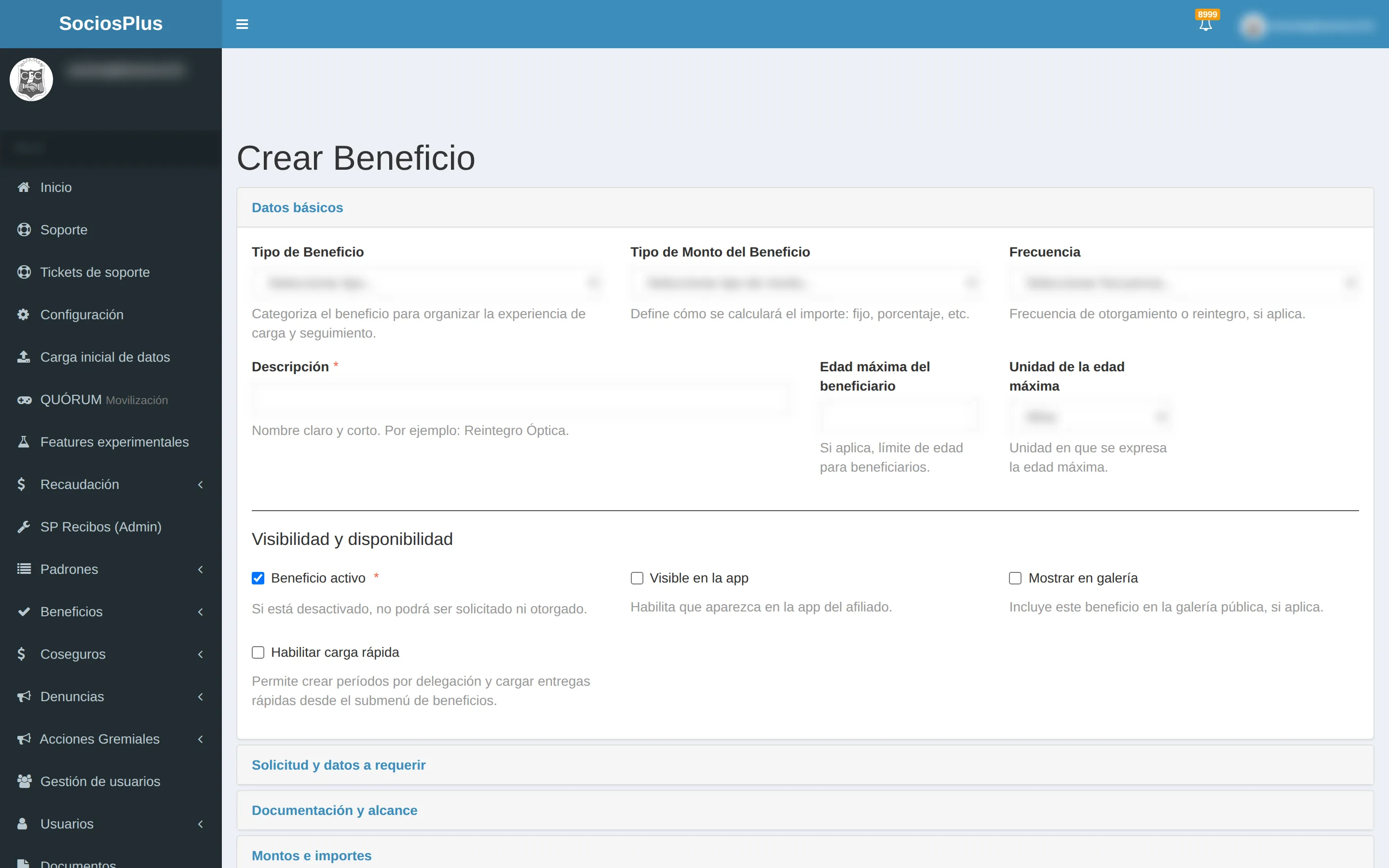 Pantalla de SociosPlus en escritorio: Cómo crear / editar / eliminar beneficios