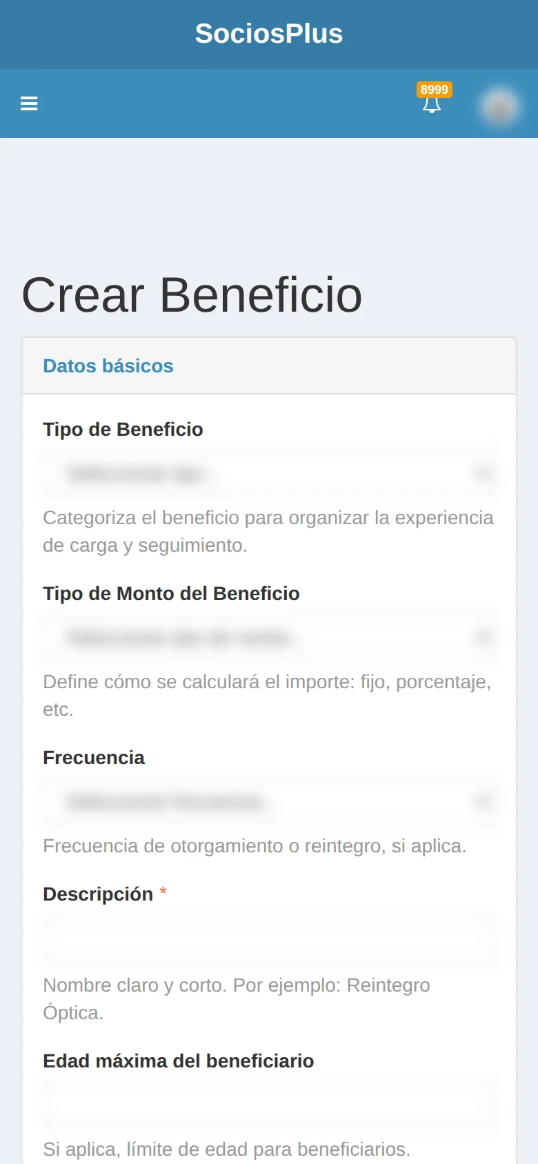 Pantalla de SociosPlus en el celular: Cómo crear / editar / eliminar beneficios