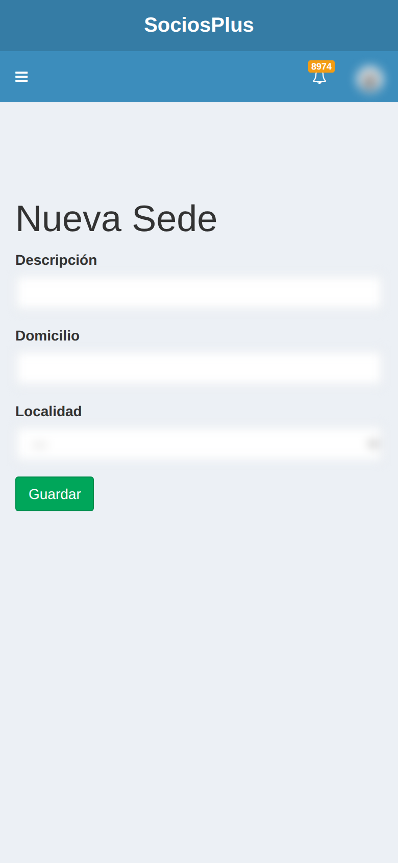 Pantalla de SociosPlus en el celular: Cómo crear sede — paso 1 de 2