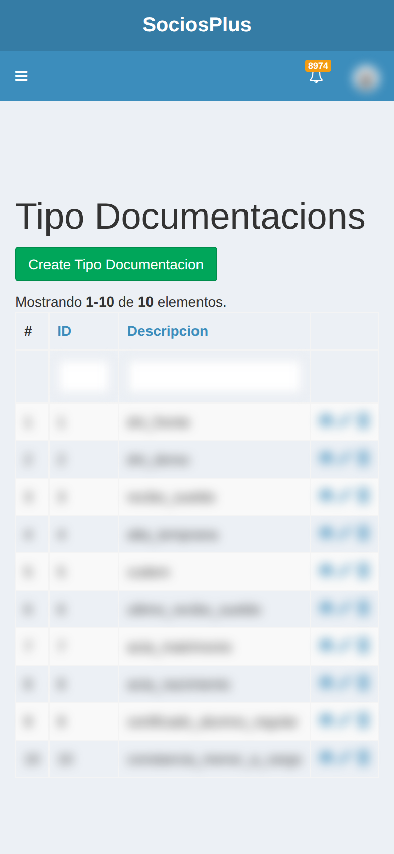 Pantalla de SociosPlus en el celular: Cómo crear tipo de documentación requerida — paso 1 de 2