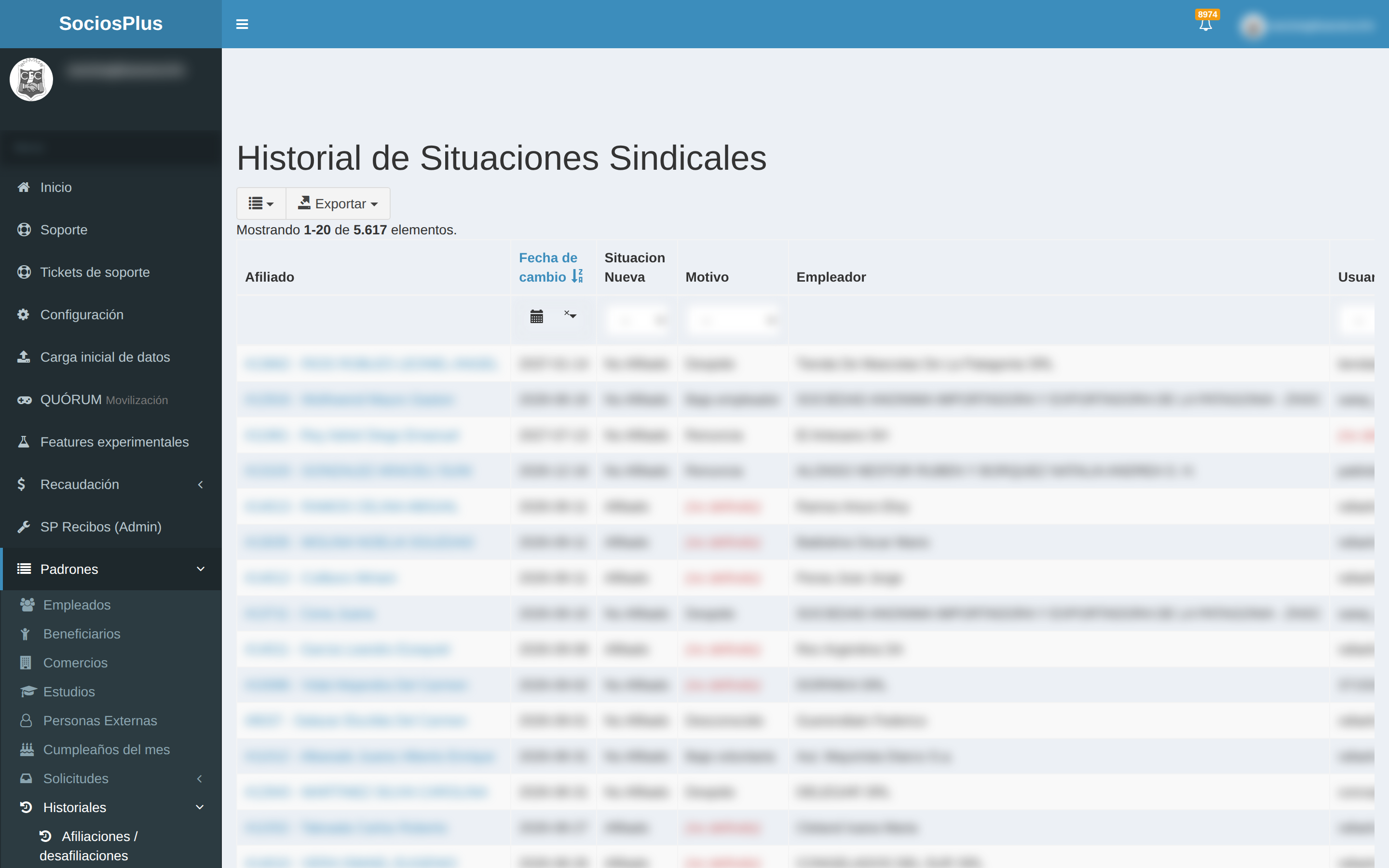Pantalla de SociosPlus en escritorio: Cómo eliminar historial de situación de membresía — paso 1 de 2