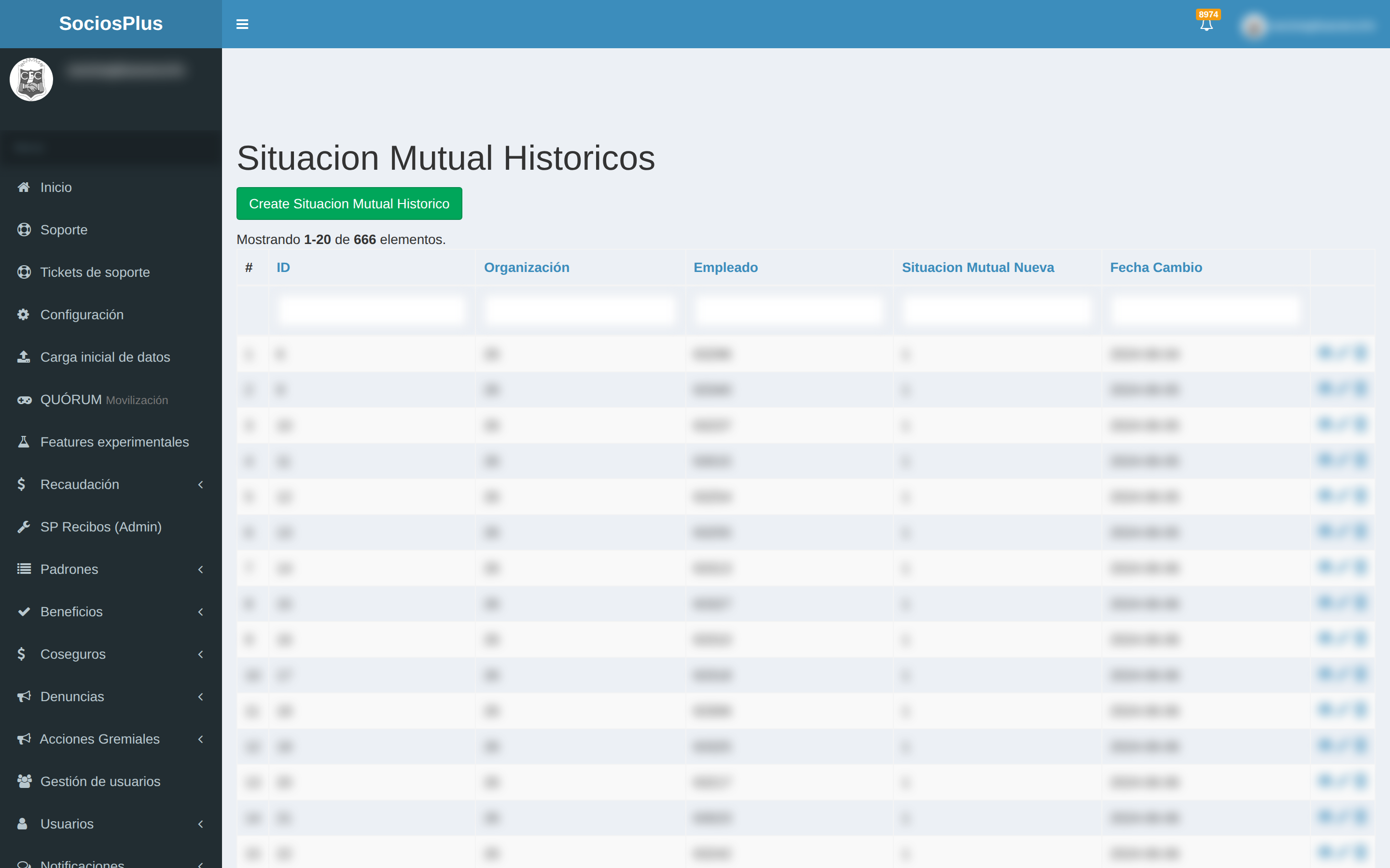 Pantalla de SociosPlus en escritorio: Cómo eliminar historial organización — paso 1 de 2
