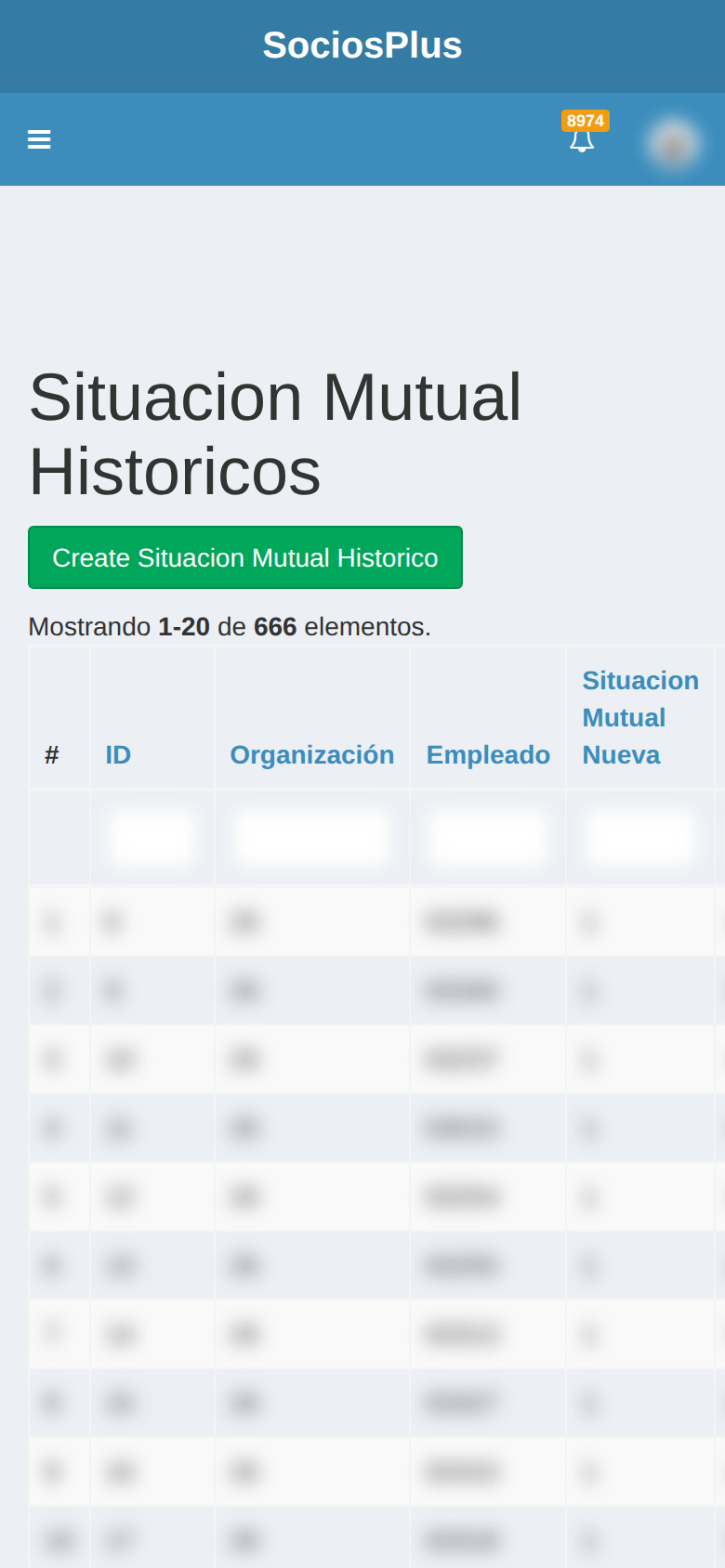 Pantalla de SociosPlus en el celular: Cómo eliminar historial organización — paso 1 de 2