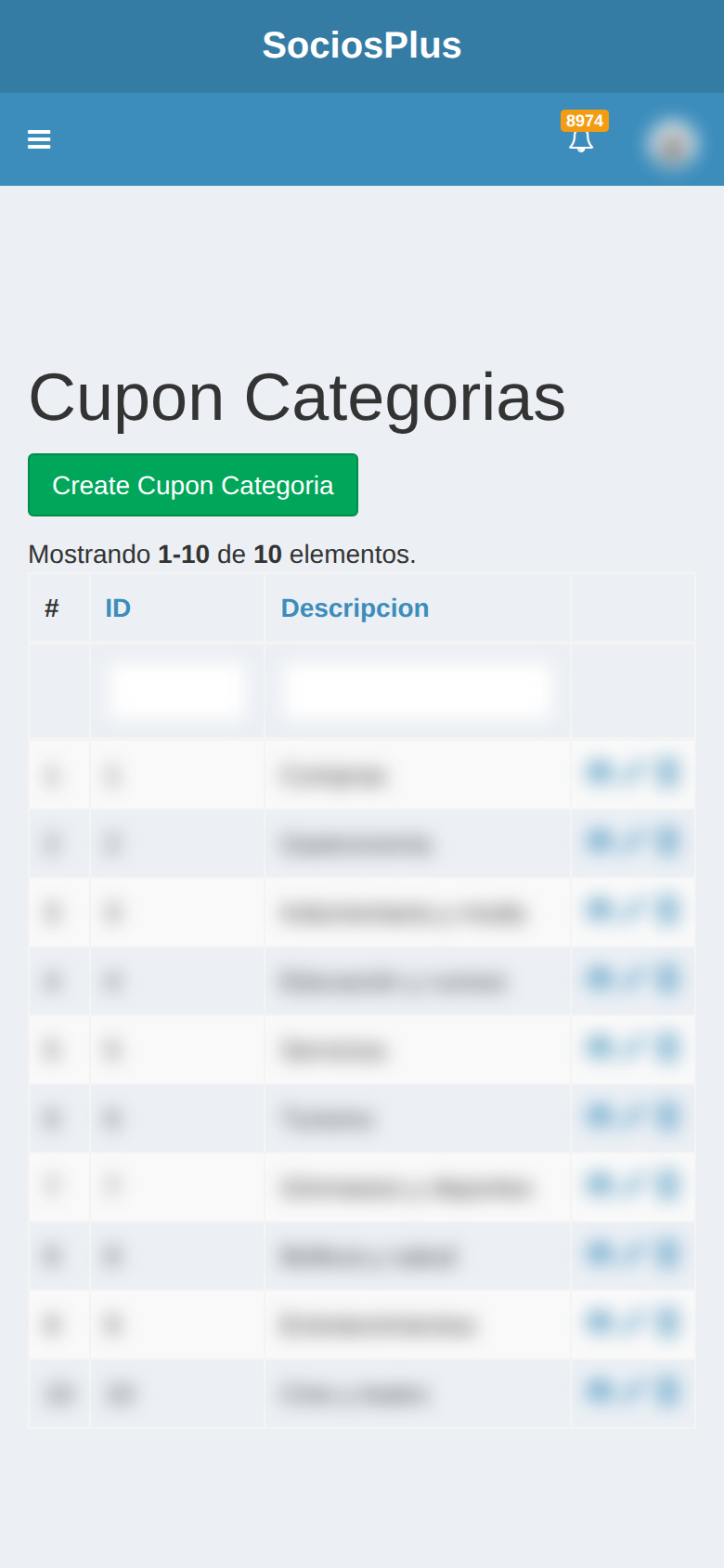 Pantalla de SociosPlus en el celular: Cómo gestionar categorías de cupones — paso 1 de 2