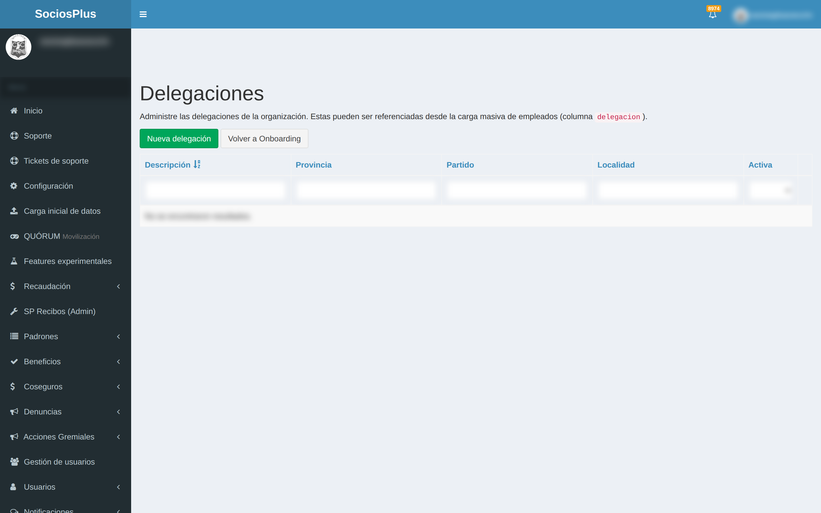 Pantalla de SociosPlus en escritorio: Cómo listar delegaciónes — paso 1 de 2