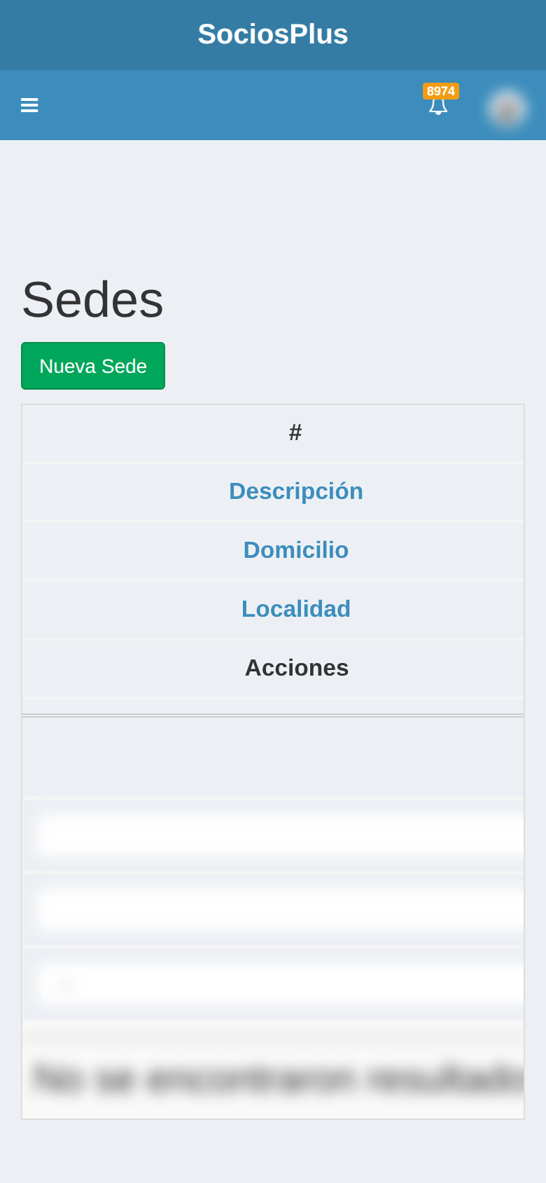 Pantalla de SociosPlus en el celular: Cómo listar sedes — paso 1 de 2
